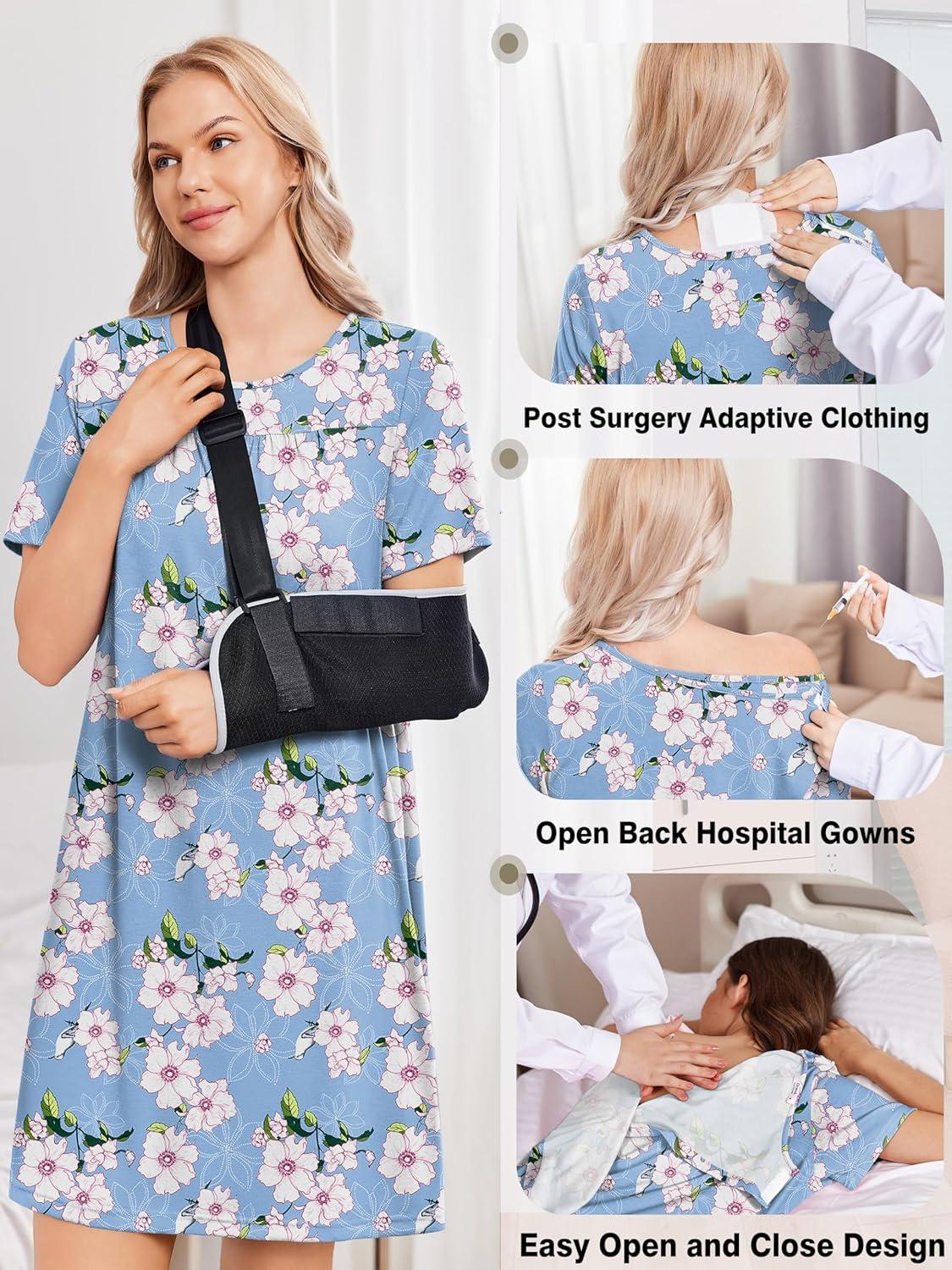 imageDeyeek Hospital Gowns for Women Tear Away Snap Open Back Dress Post Shoulder Surgery Dresses Soft Adaptive Clothing NightgownLight Blue Print