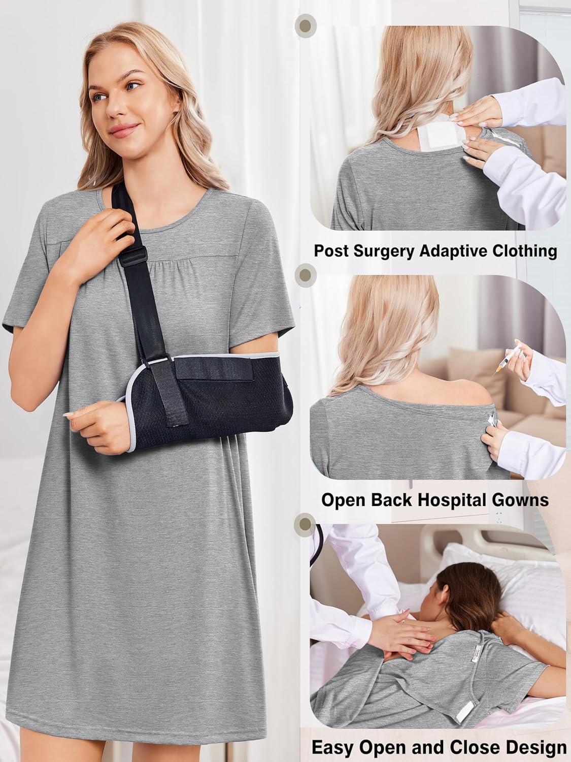 imageDeyeek Hospital Gowns for Women Tear Away Snap Open Back Dress Post Shoulder Surgery Dresses Soft Adaptive Clothing NightgownLight Grey