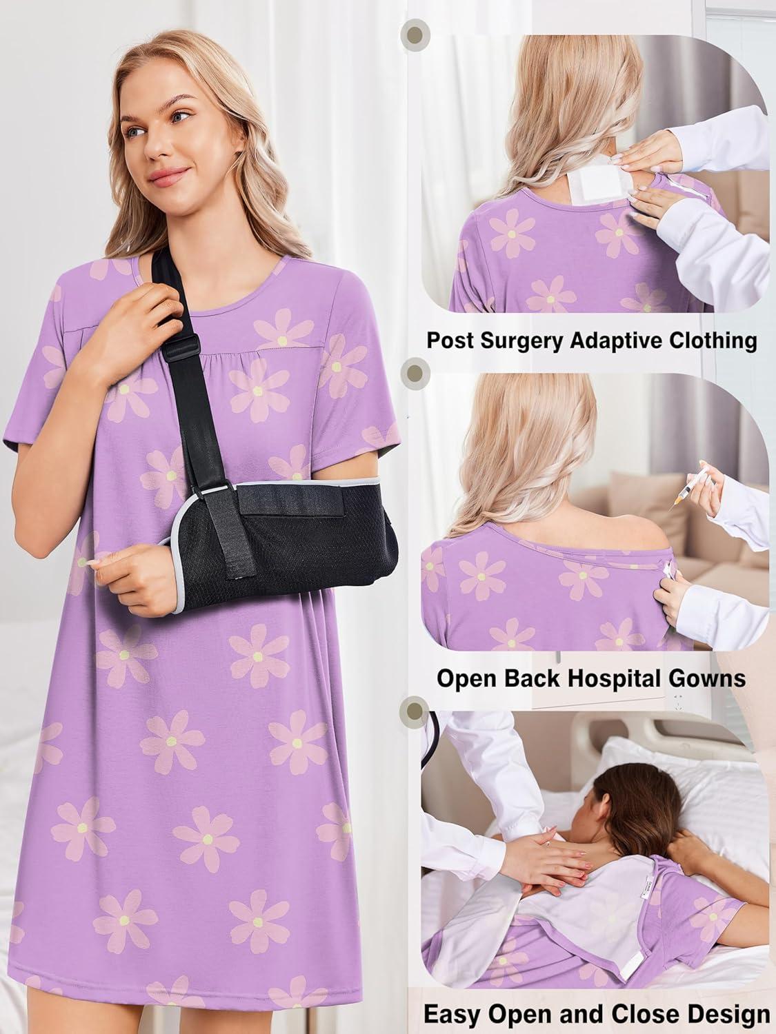 imageDeyeek Hospital Gowns for Women Tear Away Snap Open Back Dress Post Shoulder Surgery Dresses Soft Adaptive Clothing NightgownLight Purple Print