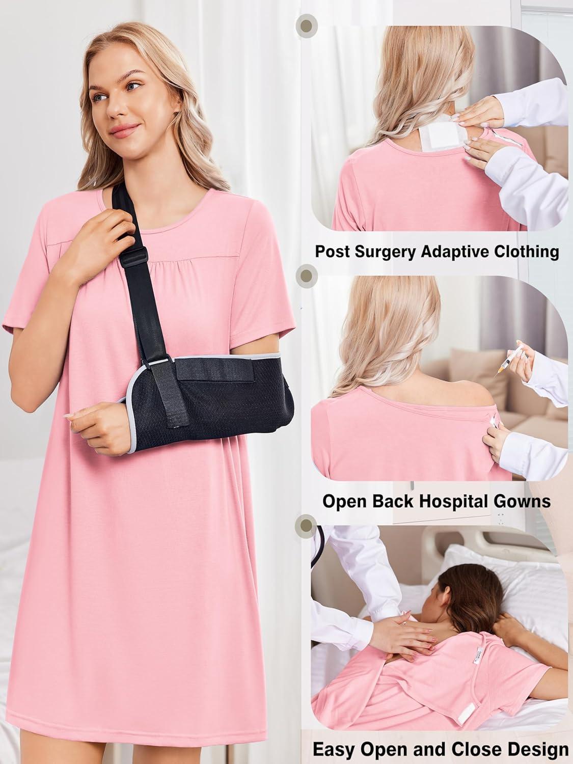 imageDeyeek Hospital Gowns for Women Tear Away Snap Open Back Dress Post Shoulder Surgery Dresses Soft Adaptive Clothing NightgownPink