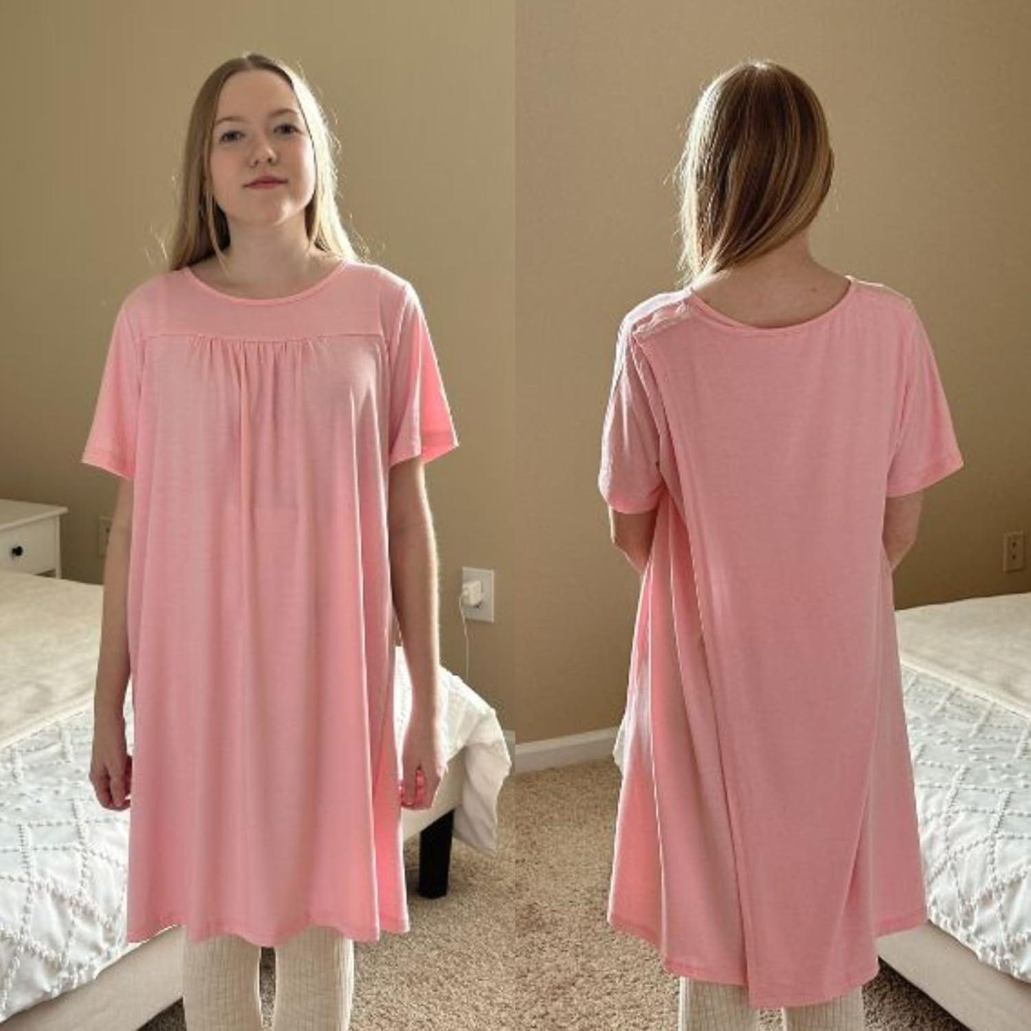 imageDeyeek Hospital Gowns for Women Tear Away Snap Open Back Dress Post Shoulder Surgery Dresses Soft Adaptive Clothing NightgownPink