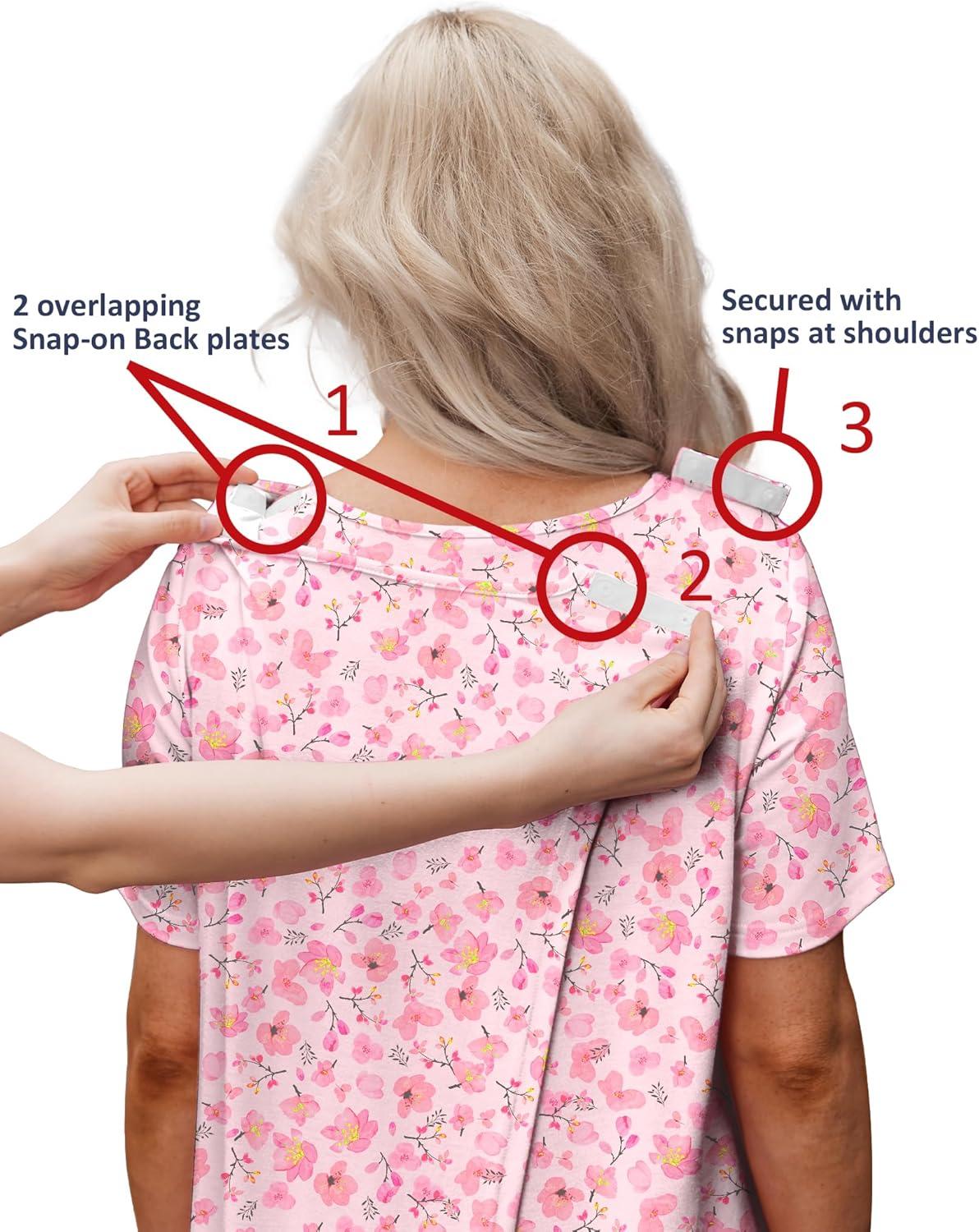 imageDeyeek Hospital Gowns for Women Tear Away Snap Open Back Dress Post Shoulder Surgery Dresses Soft Adaptive Clothing NightgownPink Print