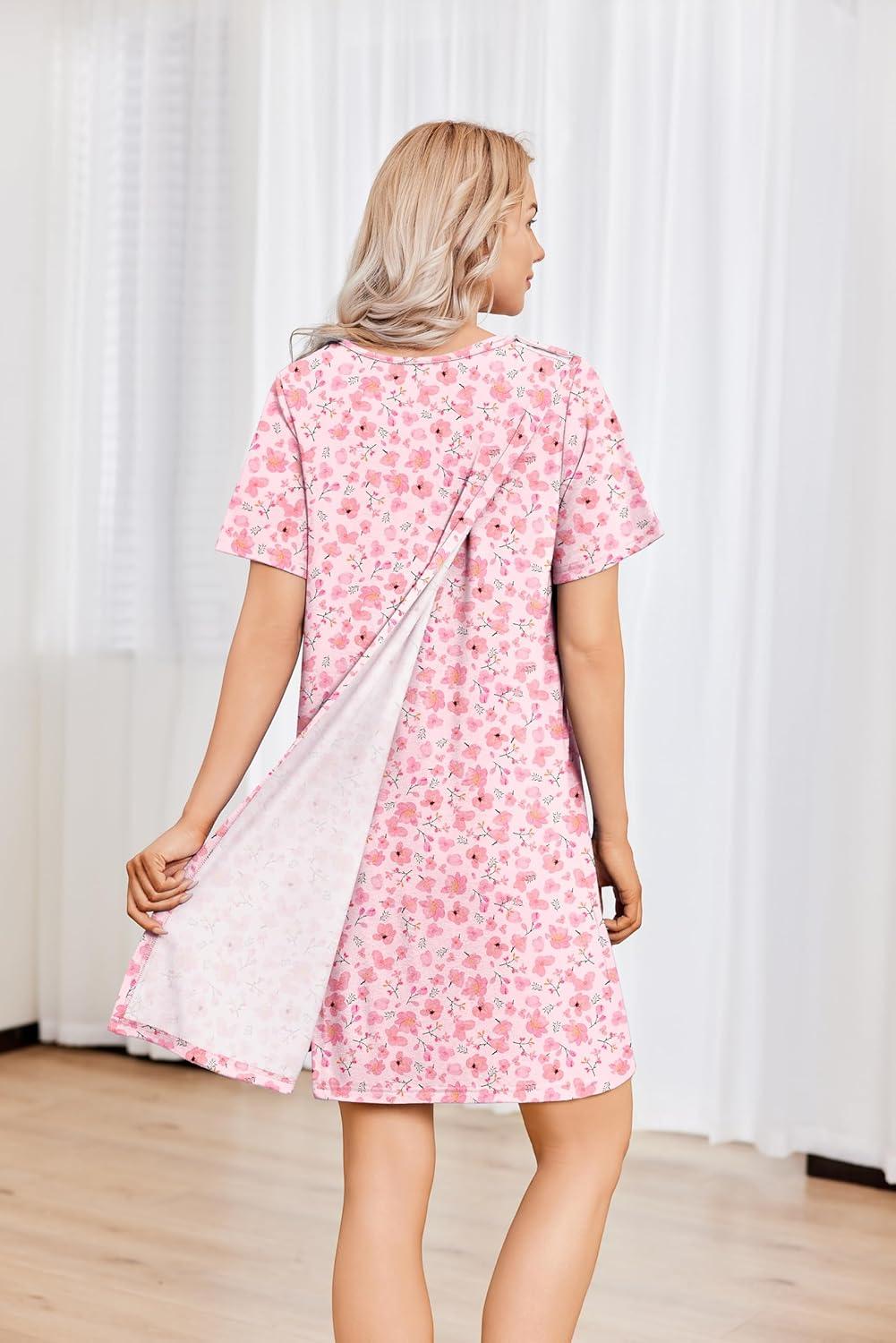 imageDeyeek Hospital Gowns for Women Tear Away Snap Open Back Dress Post Shoulder Surgery Dresses Soft Adaptive Clothing NightgownPink Print