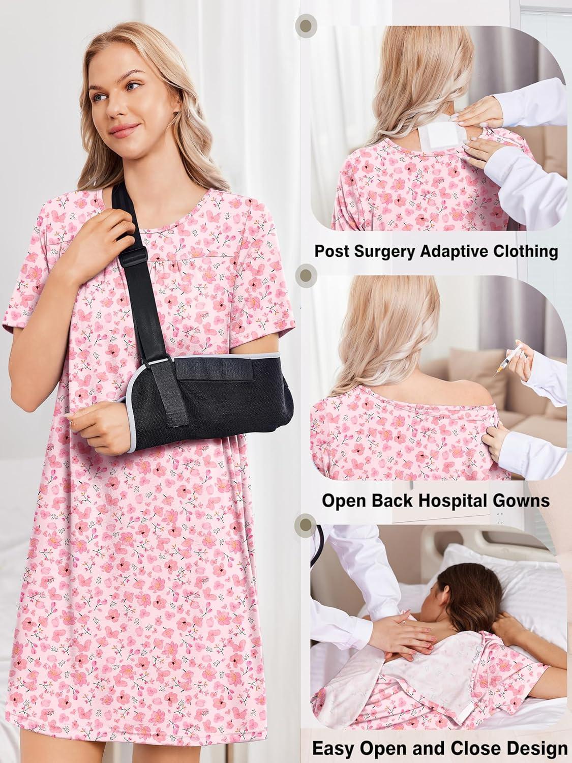 imageDeyeek Hospital Gowns for Women Tear Away Snap Open Back Dress Post Shoulder Surgery Dresses Soft Adaptive Clothing NightgownPink Print