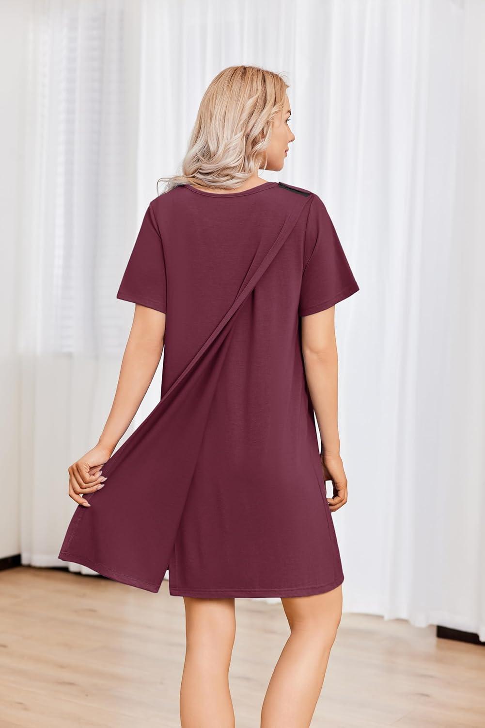 imageDeyeek Hospital Gowns for Women Tear Away Snap Open Back Dress Post Shoulder Surgery Dresses Soft Adaptive Clothing NightgownRed