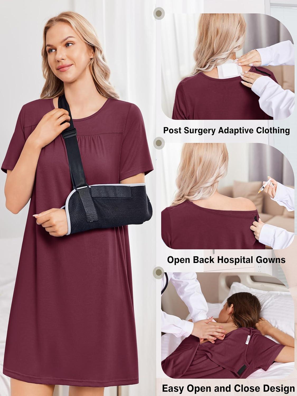 imageDeyeek Hospital Gowns for Women Tear Away Snap Open Back Dress Post Shoulder Surgery Dresses Soft Adaptive Clothing NightgownRed