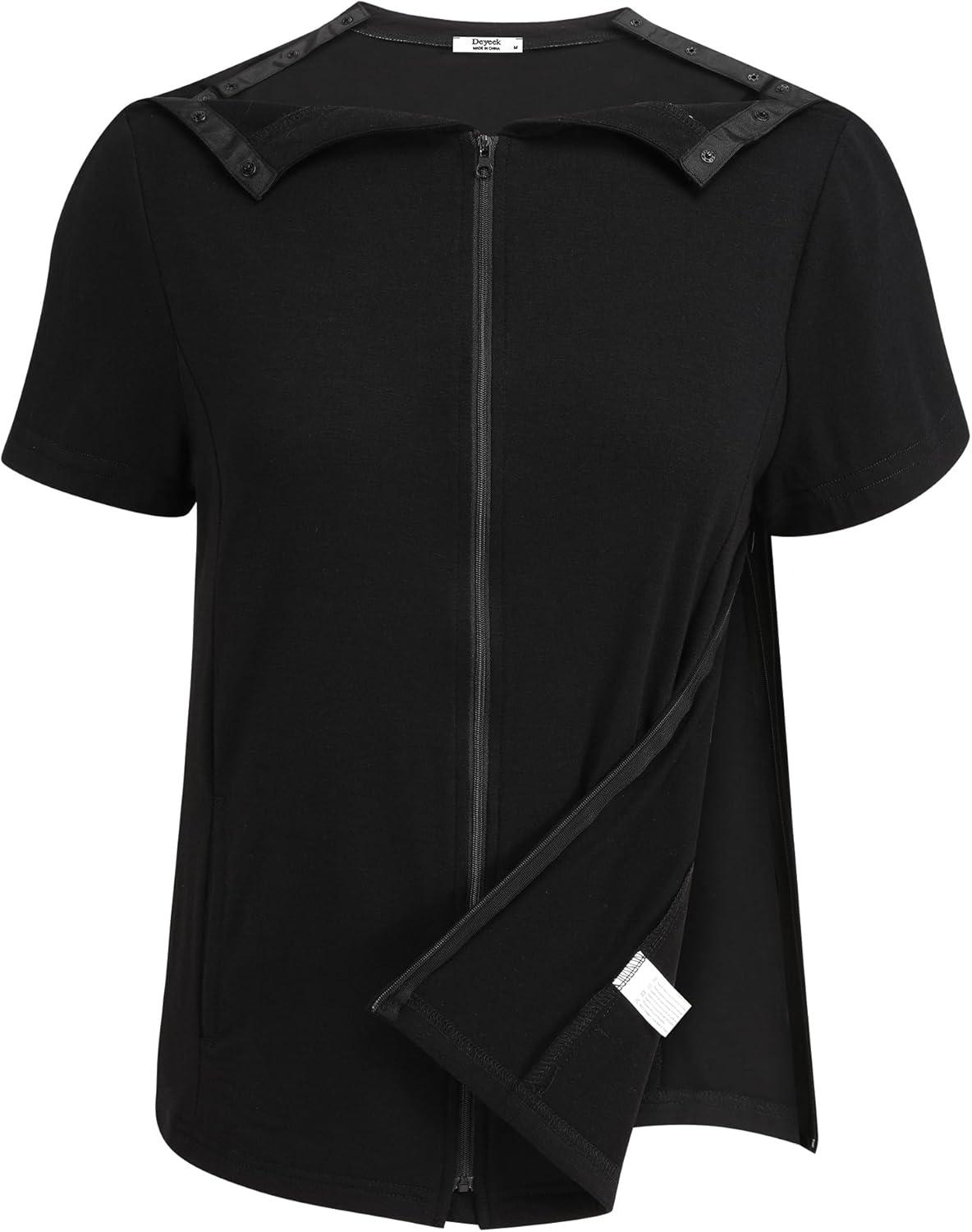 imageDeyeek Mastectomy Shirts with Drain Pockets Post Shoulder Surgery Tops for Women Chemo Port Short Sleeve with ZippersBlack