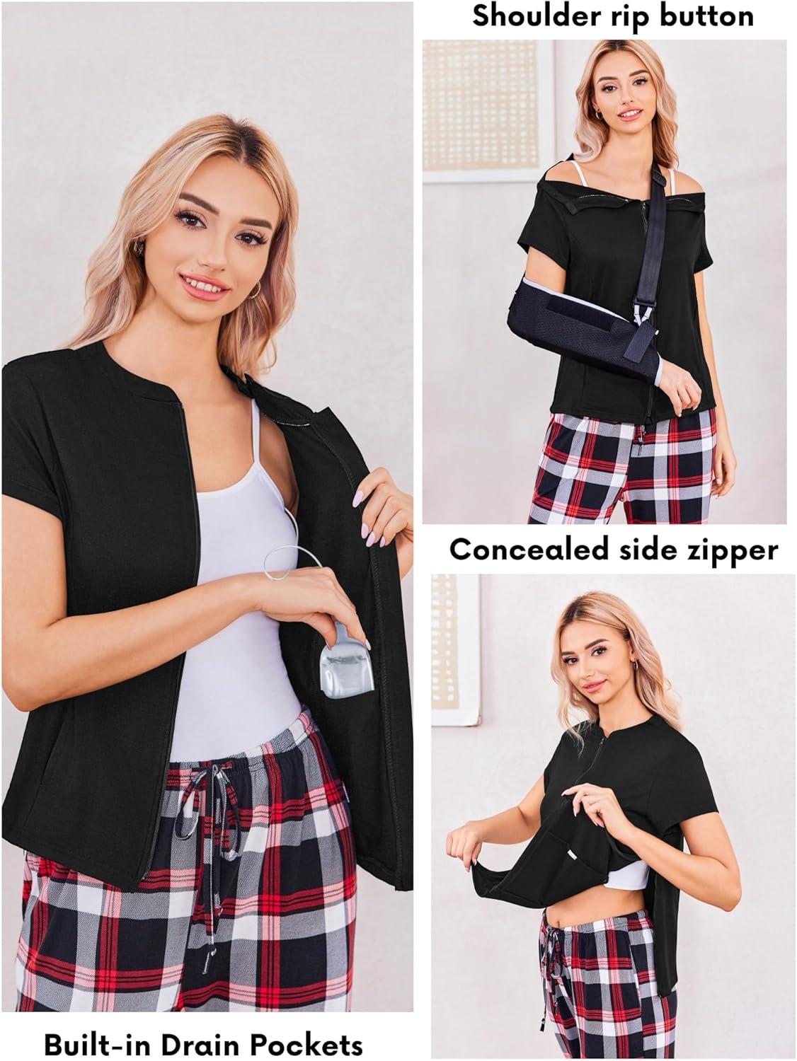 imageDeyeek Mastectomy Shirts with Drain Pockets Post Shoulder Surgery Tops for Women Chemo Port Short Sleeve with ZippersBlack