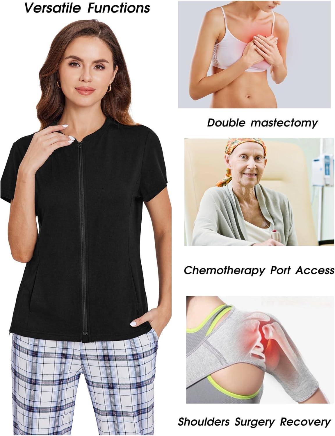 imageDeyeek Mastectomy Shirts with Drain Pockets Post Shoulder Surgery Tops for Women Chemo Port Short Sleeve with ZippersBlack
