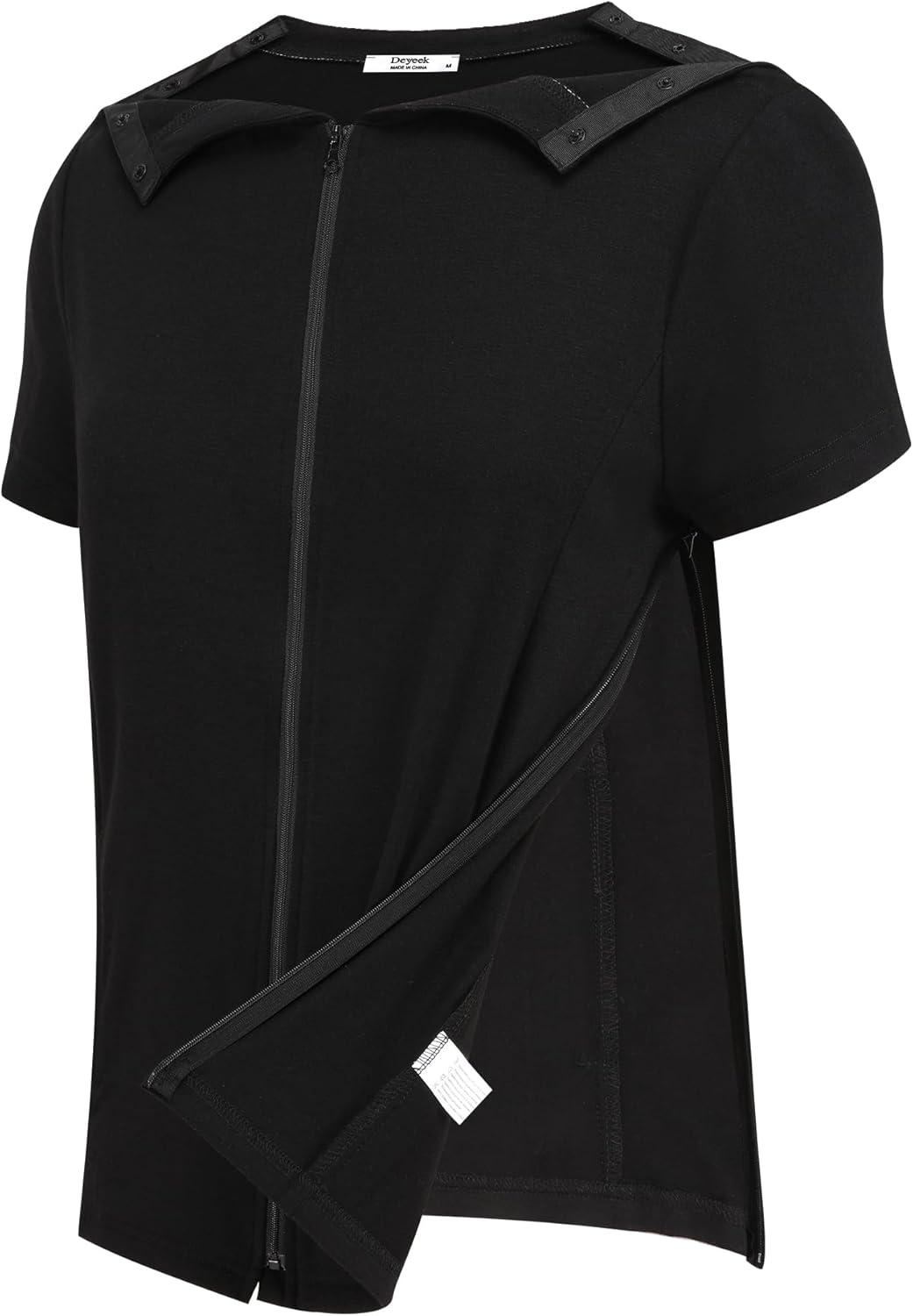 imageDeyeek Mastectomy Shirts with Drain Pockets Post Shoulder Surgery Tops for Women Chemo Port Short Sleeve with ZippersBlack