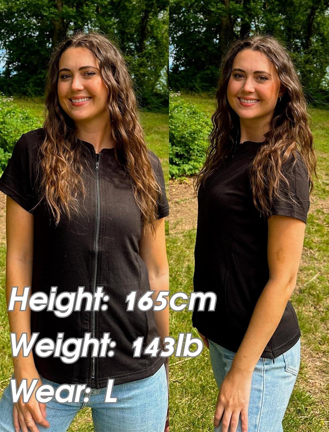 imageDeyeek Mastectomy Shirts with Drain Pockets Post Shoulder Surgery Tops for Women Chemo Port Short Sleeve with ZippersBlack