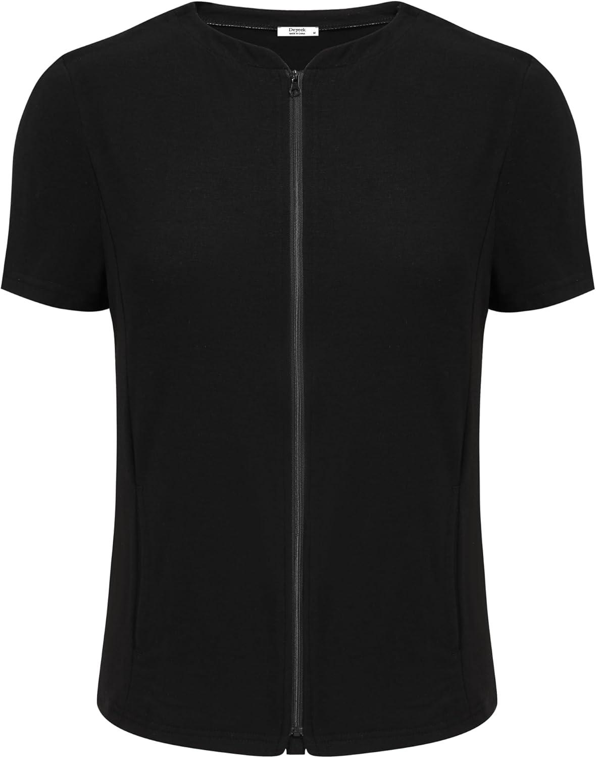 imageDeyeek Mastectomy Shirts with Drain Pockets Post Shoulder Surgery Tops for Women Chemo Port Short Sleeve with ZippersBlack