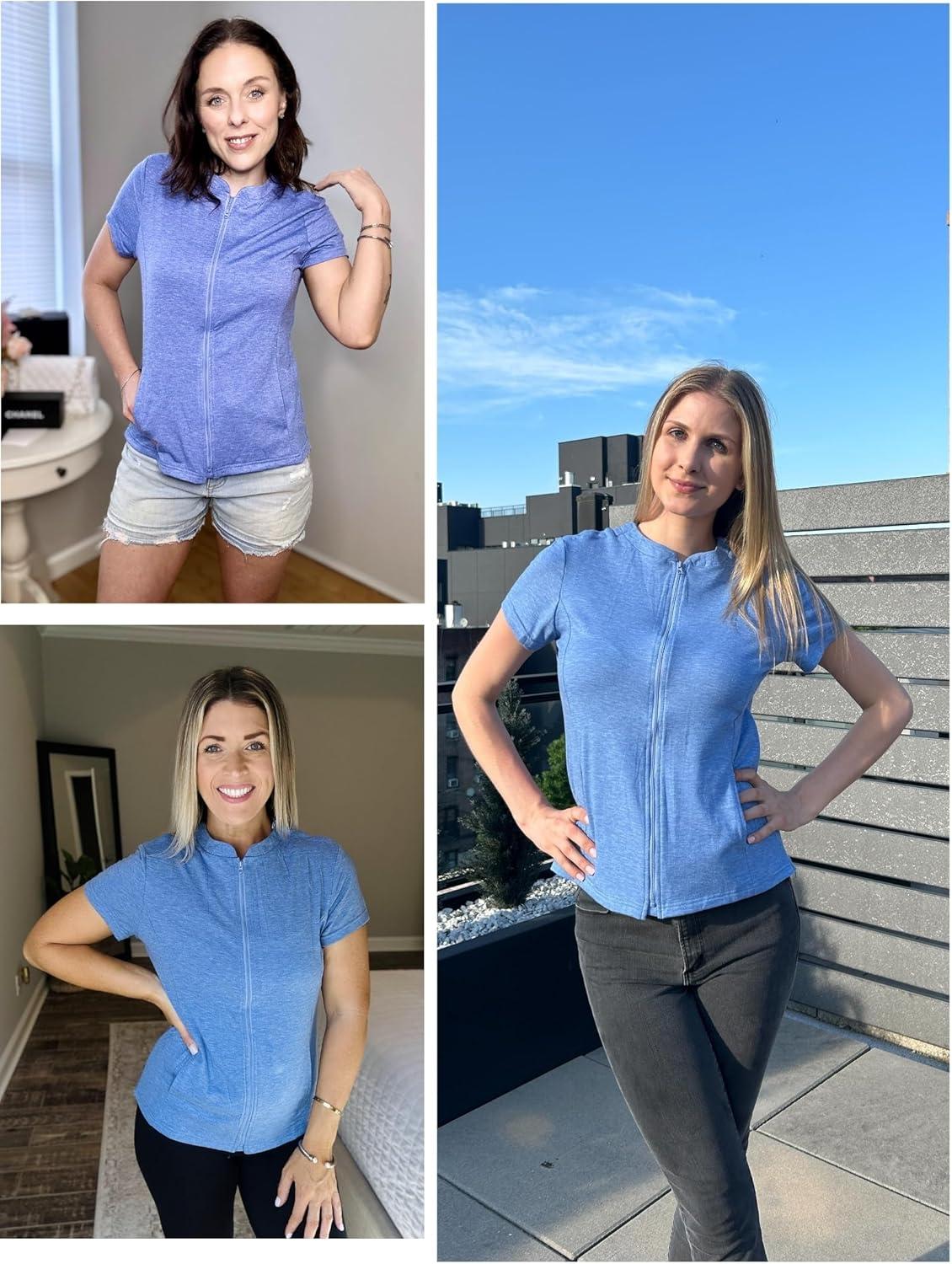 imageDeyeek Mastectomy Shirts with Drain Pockets Post Shoulder Surgery Tops for Women Chemo Port Short Sleeve with ZippersBlue
