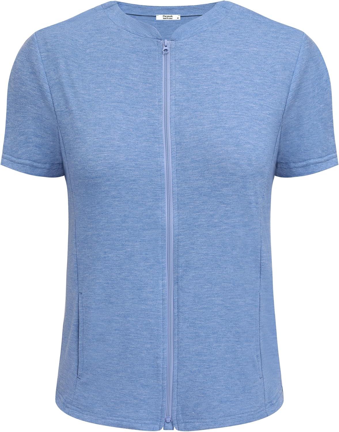 imageDeyeek Mastectomy Shirts with Drain Pockets Post Shoulder Surgery Tops for Women Chemo Port Short Sleeve with ZippersBlue