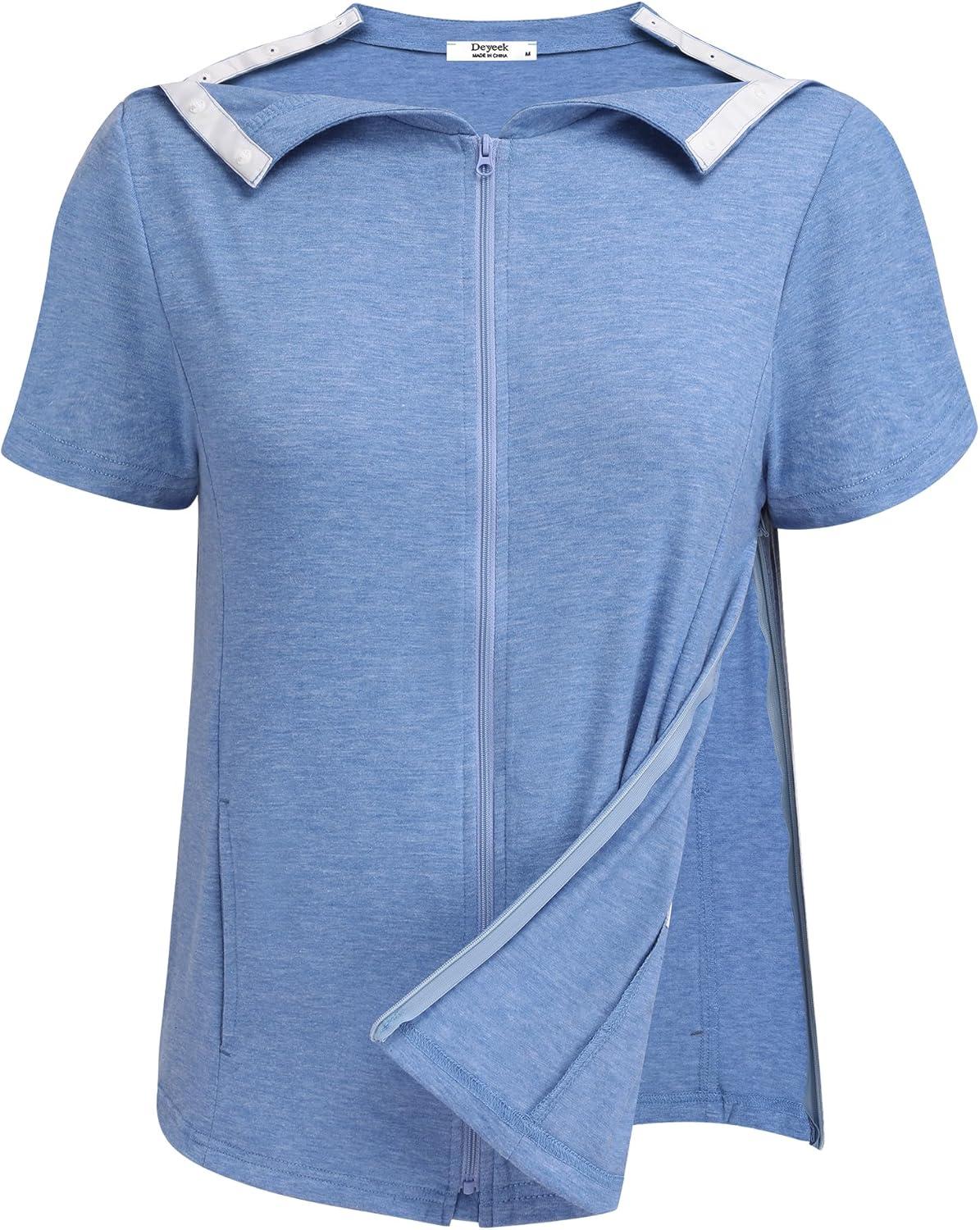 imageDeyeek Mastectomy Shirts with Drain Pockets Post Shoulder Surgery Tops for Women Chemo Port Short Sleeve with ZippersBlue