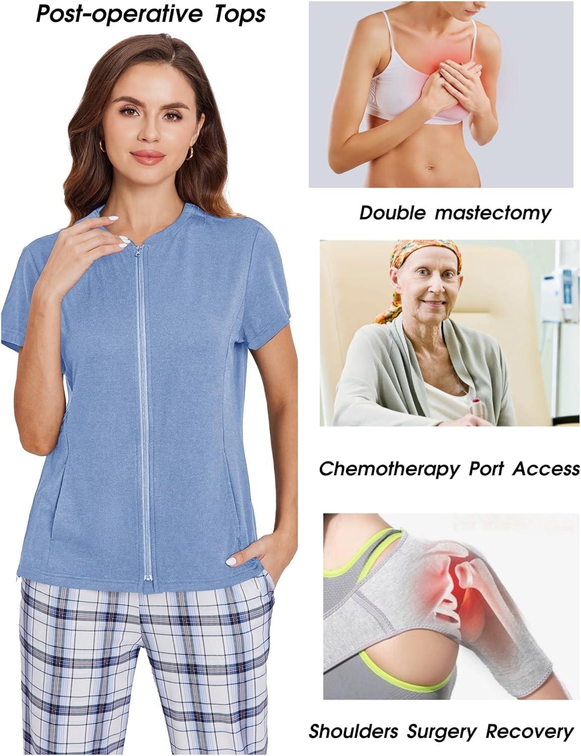 imageDeyeek Mastectomy Shirts with Drain Pockets Post Shoulder Surgery Tops for Women Chemo Port Short Sleeve with ZippersBlue
