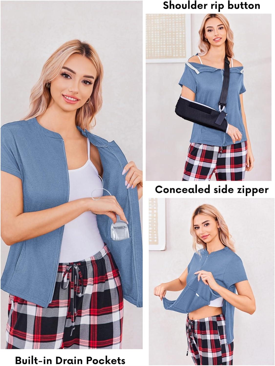 imageDeyeek Mastectomy Shirts with Drain Pockets Post Shoulder Surgery Tops for Women Chemo Port Short Sleeve with ZippersBlue