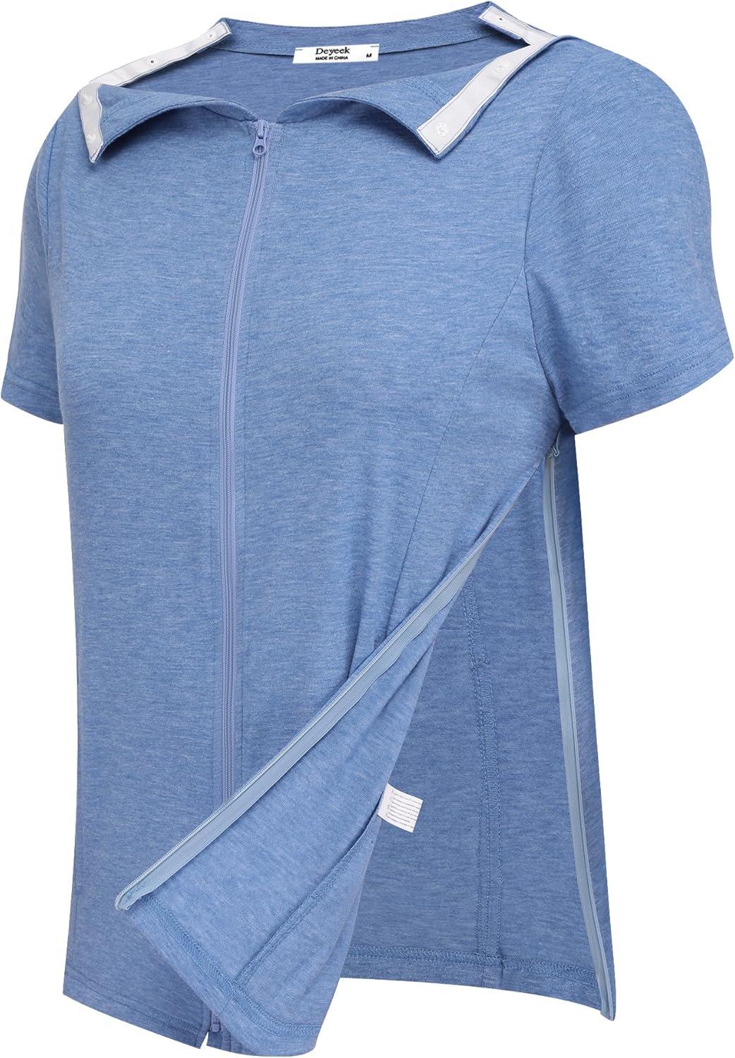 imageDeyeek Mastectomy Shirts with Drain Pockets Post Shoulder Surgery Tops for Women Chemo Port Short Sleeve with ZippersBlue