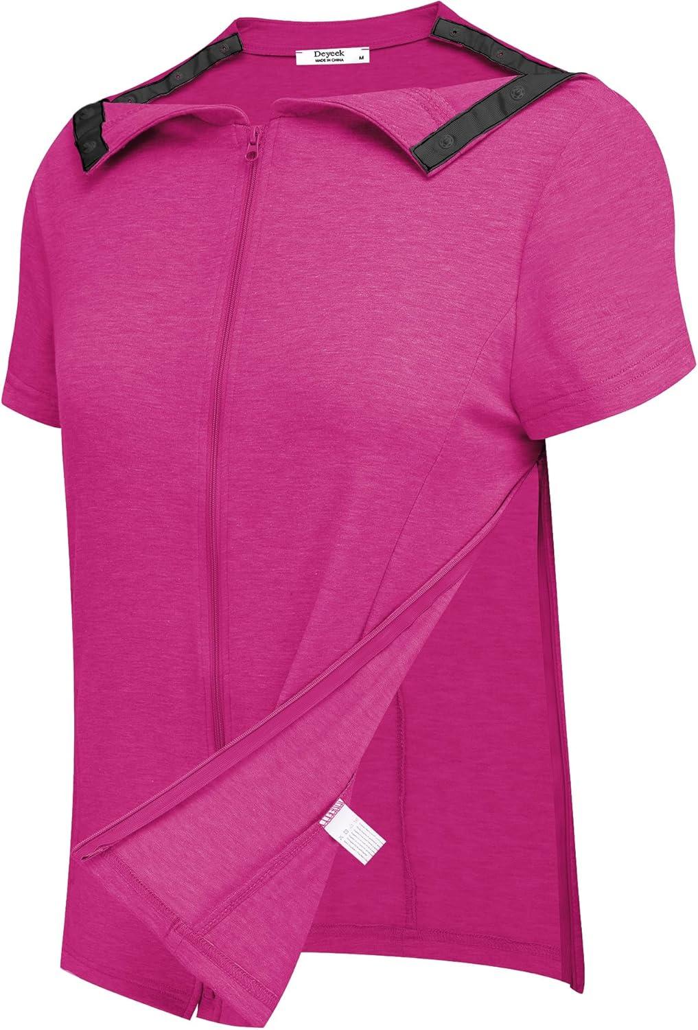 imageDeyeek Mastectomy Shirts with Drain Pockets Post Shoulder Surgery Tops for Women Chemo Port Short Sleeve with ZippersBright Red