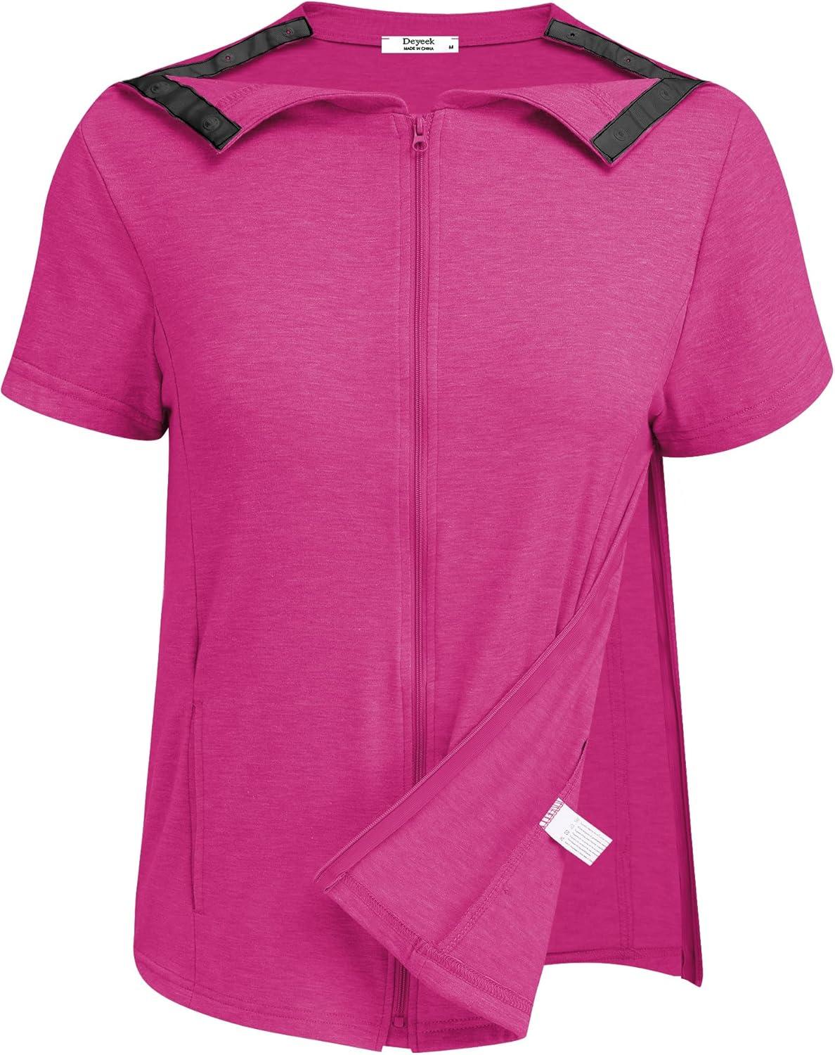 imageDeyeek Mastectomy Shirts with Drain Pockets Post Shoulder Surgery Tops for Women Chemo Port Short Sleeve with ZippersBright Red