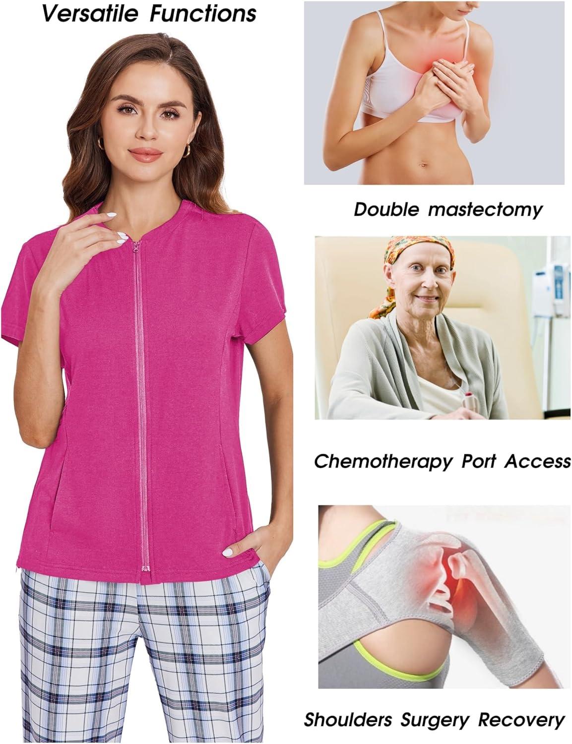 imageDeyeek Mastectomy Shirts with Drain Pockets Post Shoulder Surgery Tops for Women Chemo Port Short Sleeve with ZippersBright Red