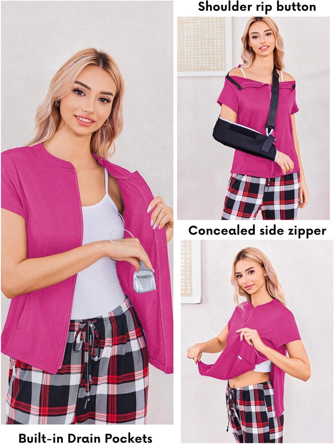 imageDeyeek Mastectomy Shirts with Drain Pockets Post Shoulder Surgery Tops for Women Chemo Port Short Sleeve with ZippersBright Red