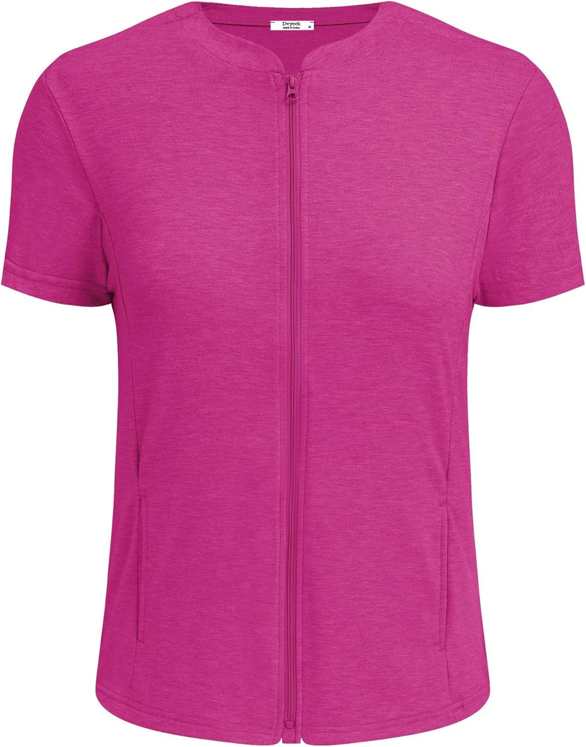 imageDeyeek Mastectomy Shirts with Drain Pockets Post Shoulder Surgery Tops for Women Chemo Port Short Sleeve with ZippersBright Red