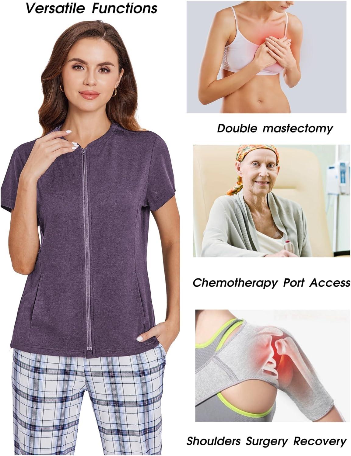 imageDeyeek Mastectomy Shirts with Drain Pockets Post Shoulder Surgery Tops for Women Chemo Port Short Sleeve with ZippersDark Purple