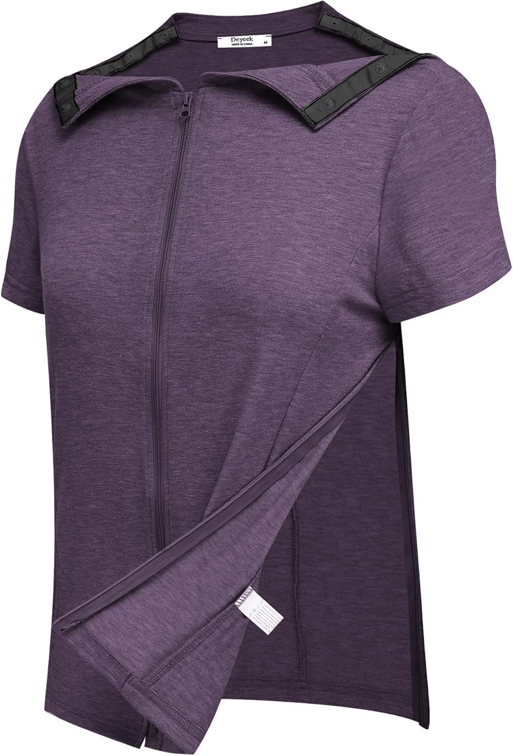 imageDeyeek Mastectomy Shirts with Drain Pockets Post Shoulder Surgery Tops for Women Chemo Port Short Sleeve with ZippersDark Purple