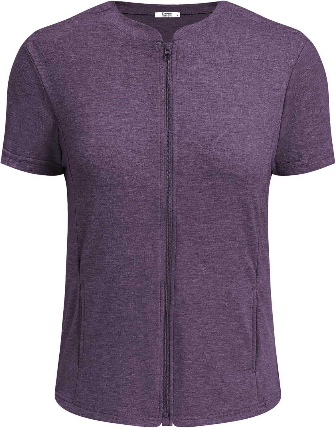 imageDeyeek Mastectomy Shirts with Drain Pockets Post Shoulder Surgery Tops for Women Chemo Port Short Sleeve with ZippersDark Purple