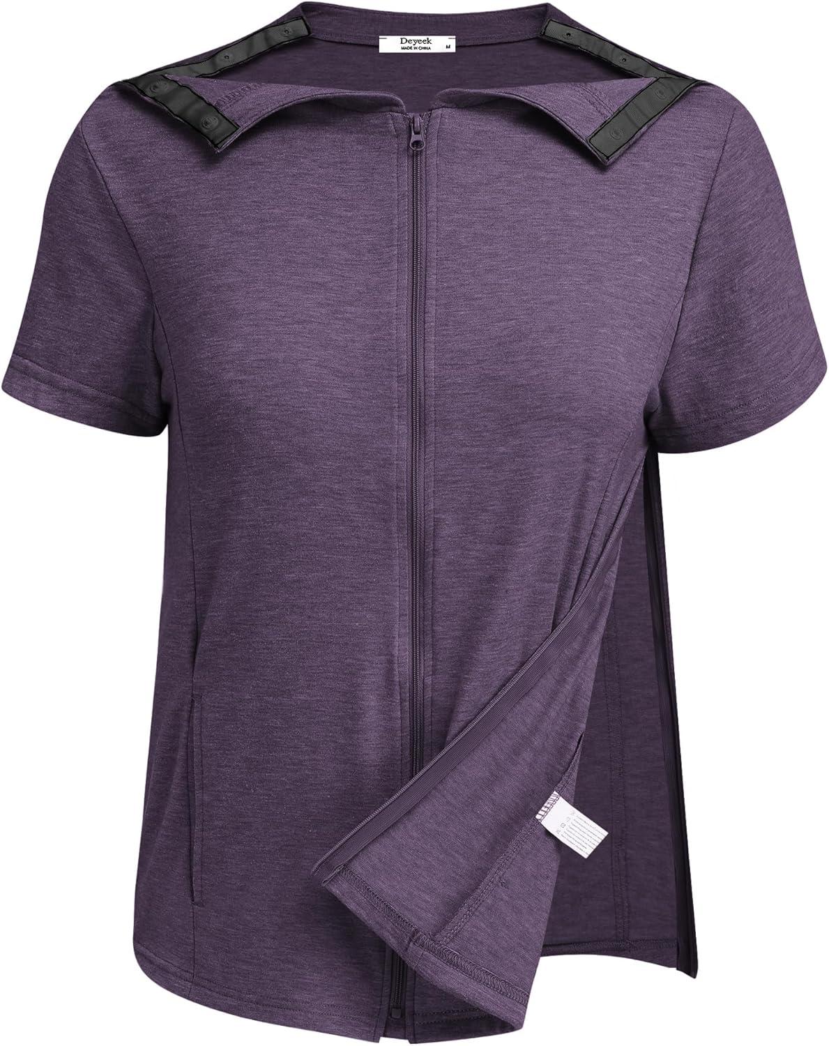 imageDeyeek Mastectomy Shirts with Drain Pockets Post Shoulder Surgery Tops for Women Chemo Port Short Sleeve with ZippersDark Purple