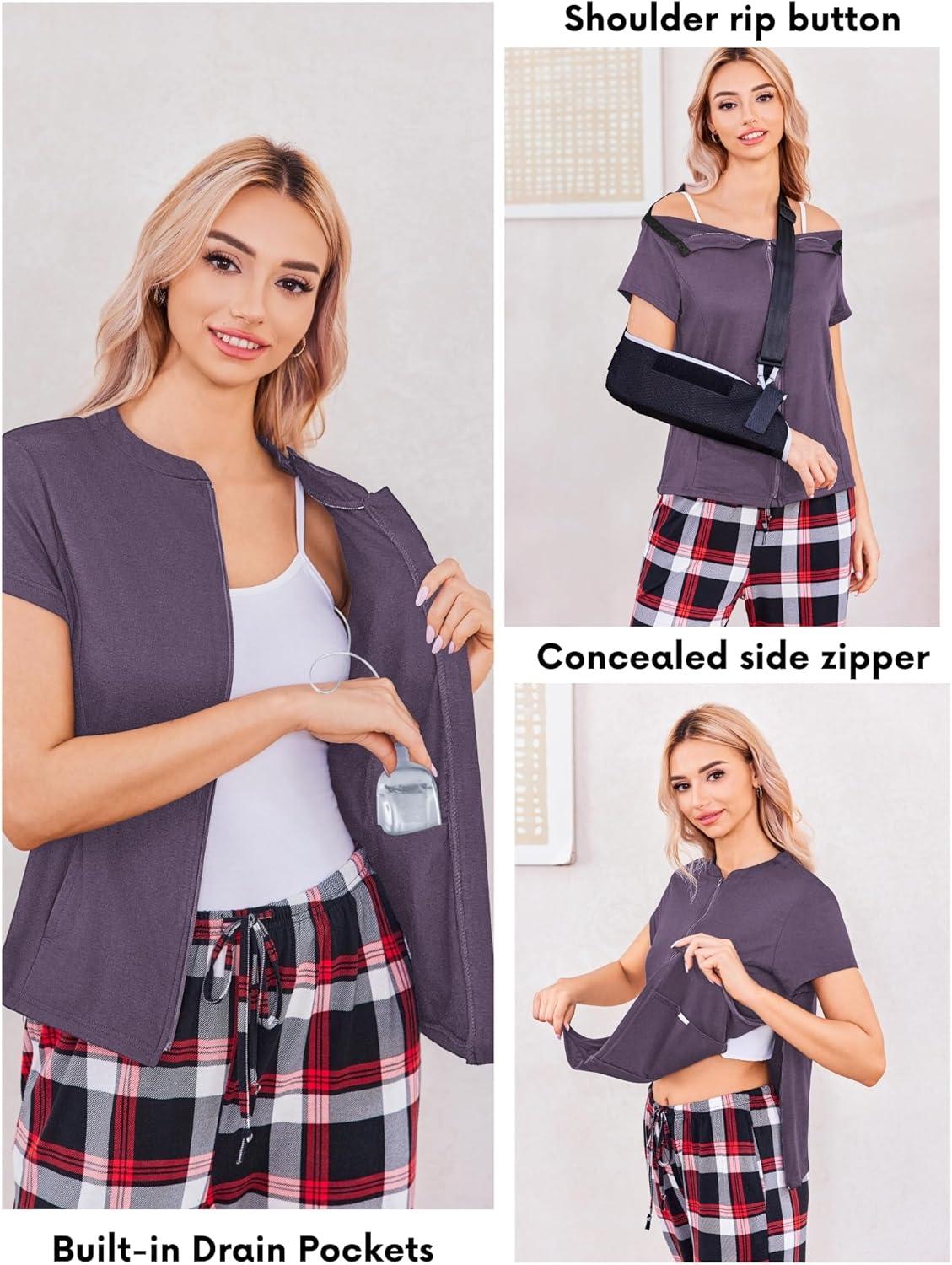 imageDeyeek Mastectomy Shirts with Drain Pockets Post Shoulder Surgery Tops for Women Chemo Port Short Sleeve with ZippersDark Purple