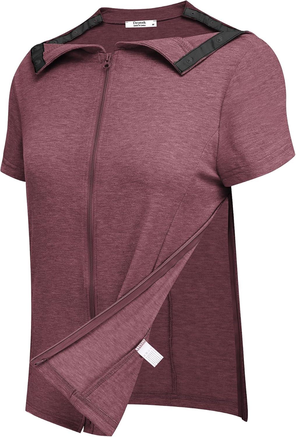 imageDeyeek Mastectomy Shirts with Drain Pockets Post Shoulder Surgery Tops for Women Chemo Port Short Sleeve with ZippersDark Red