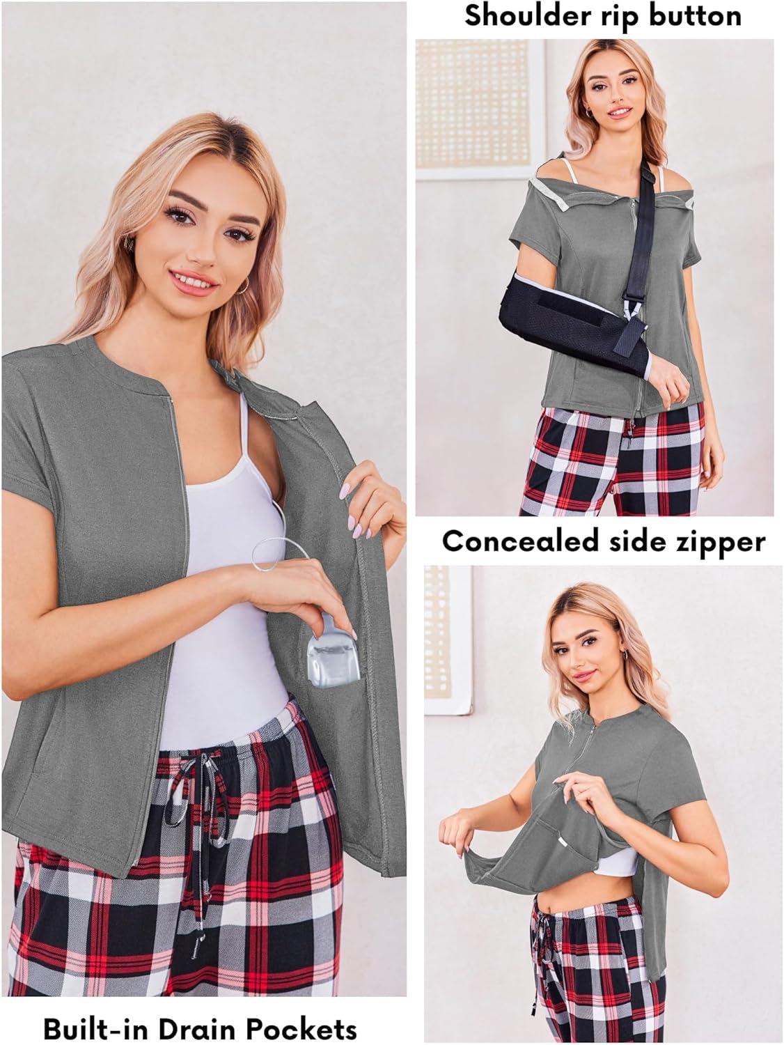 imageDeyeek Mastectomy Shirts with Drain Pockets Post Shoulder Surgery Tops for Women Chemo Port Short Sleeve with ZippersGrey