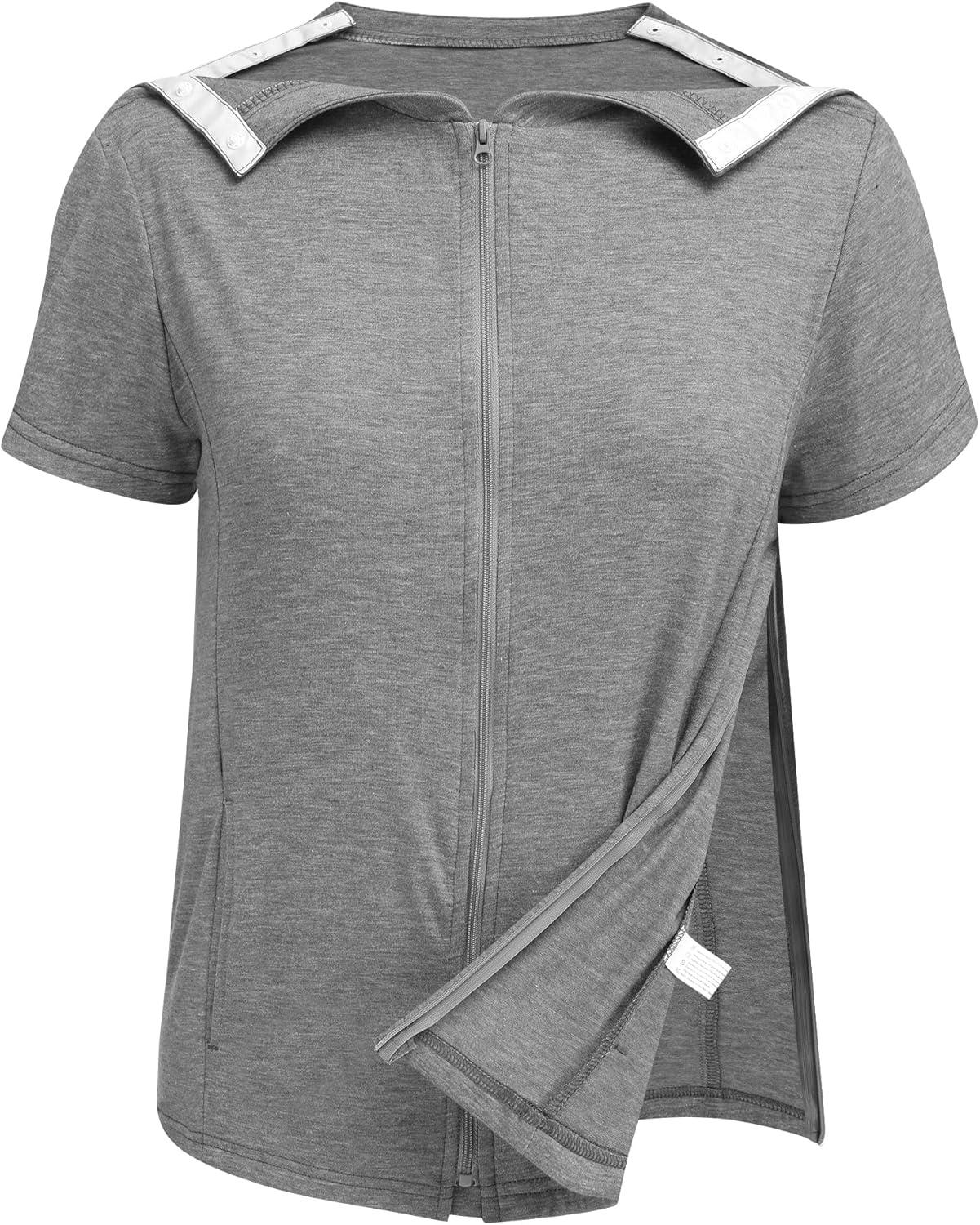 imageDeyeek Mastectomy Shirts with Drain Pockets Post Shoulder Surgery Tops for Women Chemo Port Short Sleeve with ZippersGrey