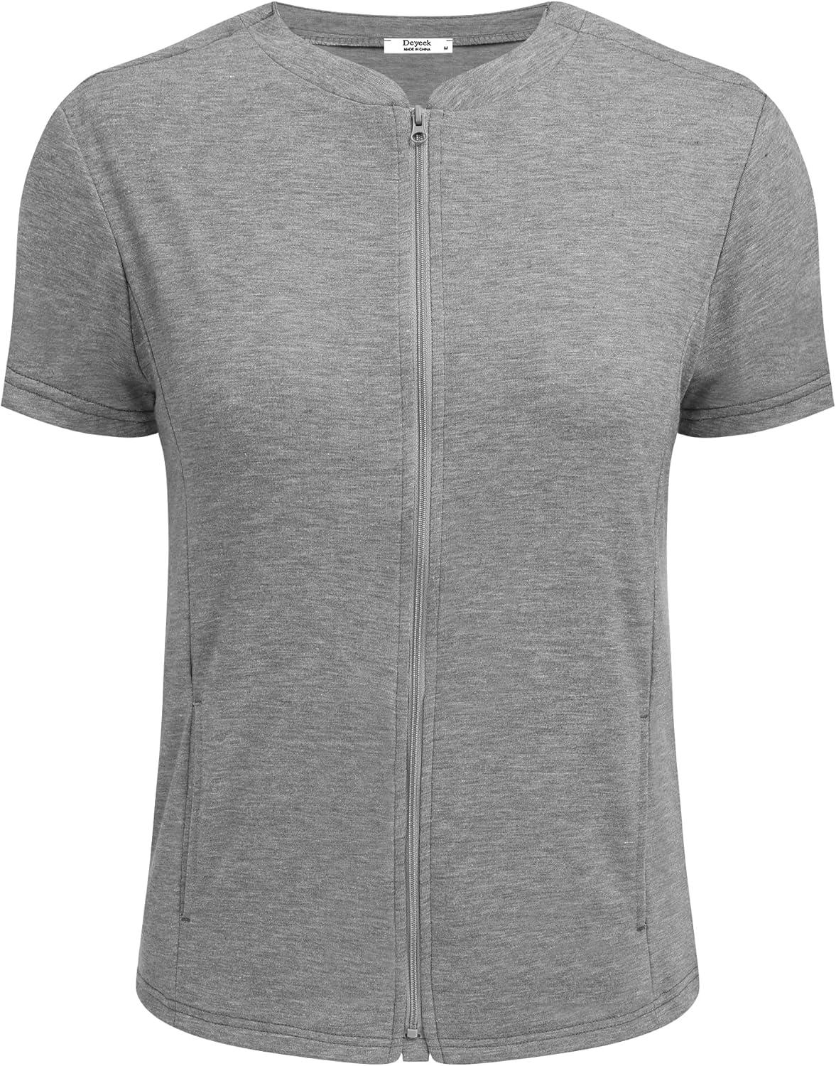 imageDeyeek Mastectomy Shirts with Drain Pockets Post Shoulder Surgery Tops for Women Chemo Port Short Sleeve with ZippersGrey