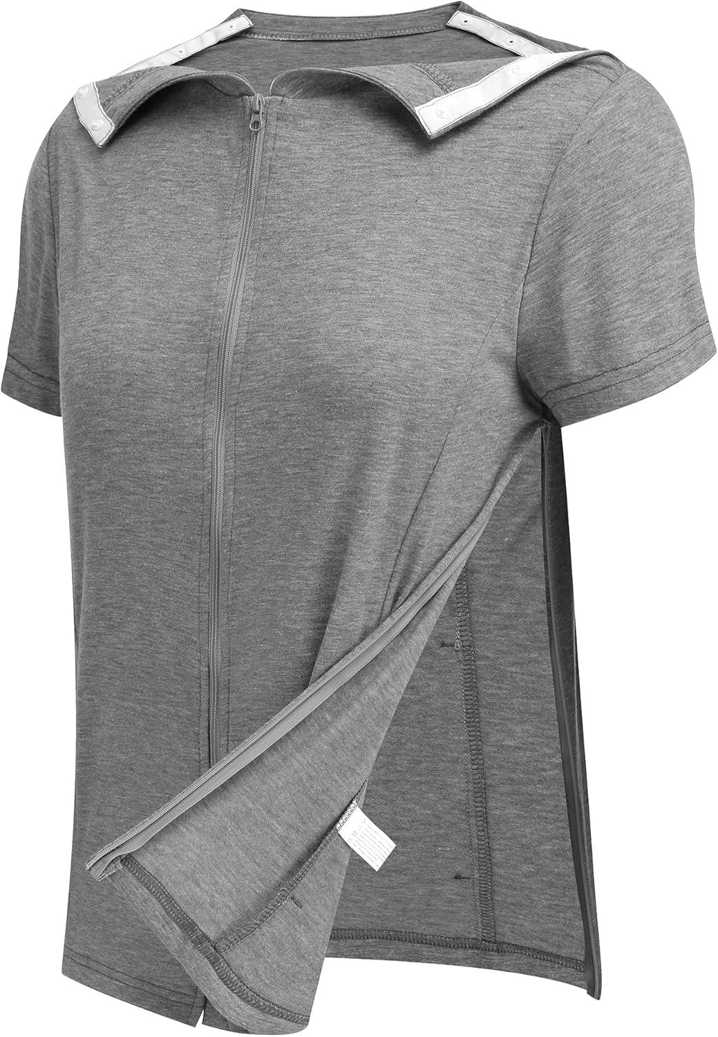 imageDeyeek Mastectomy Shirts with Drain Pockets Post Shoulder Surgery Tops for Women Chemo Port Short Sleeve with ZippersGrey