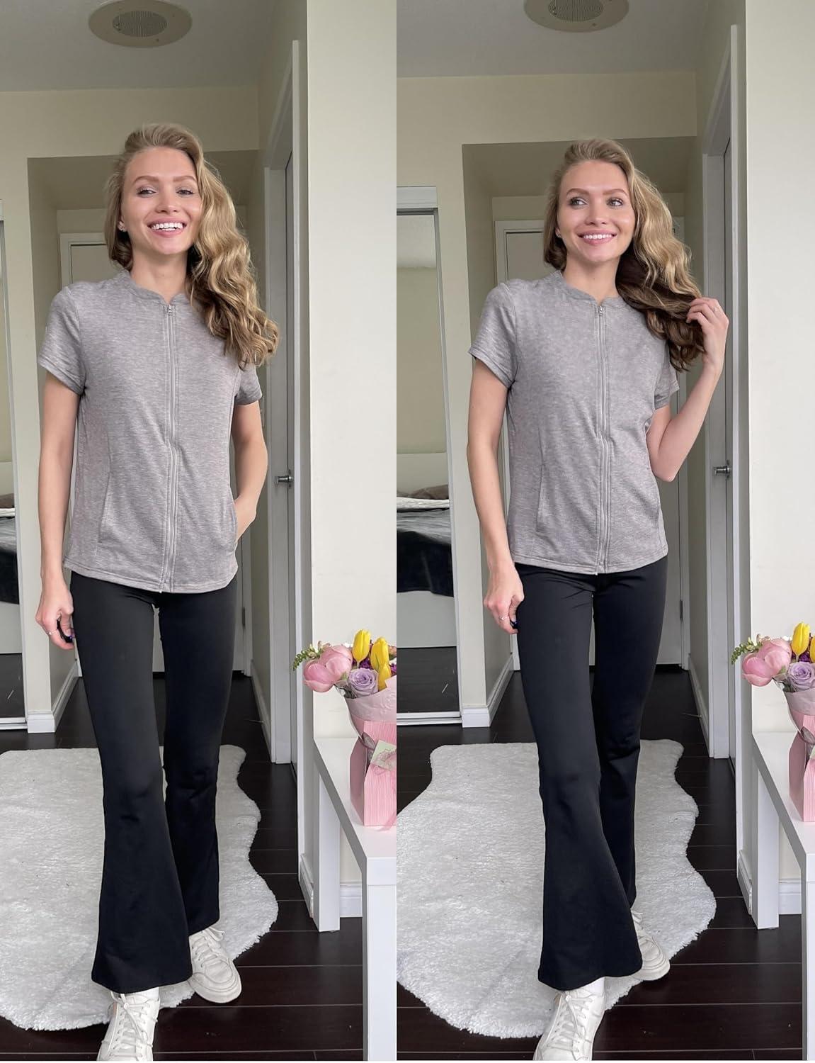 imageDeyeek Mastectomy Shirts with Drain Pockets Post Shoulder Surgery Tops for Women Chemo Port Short Sleeve with ZippersGrey