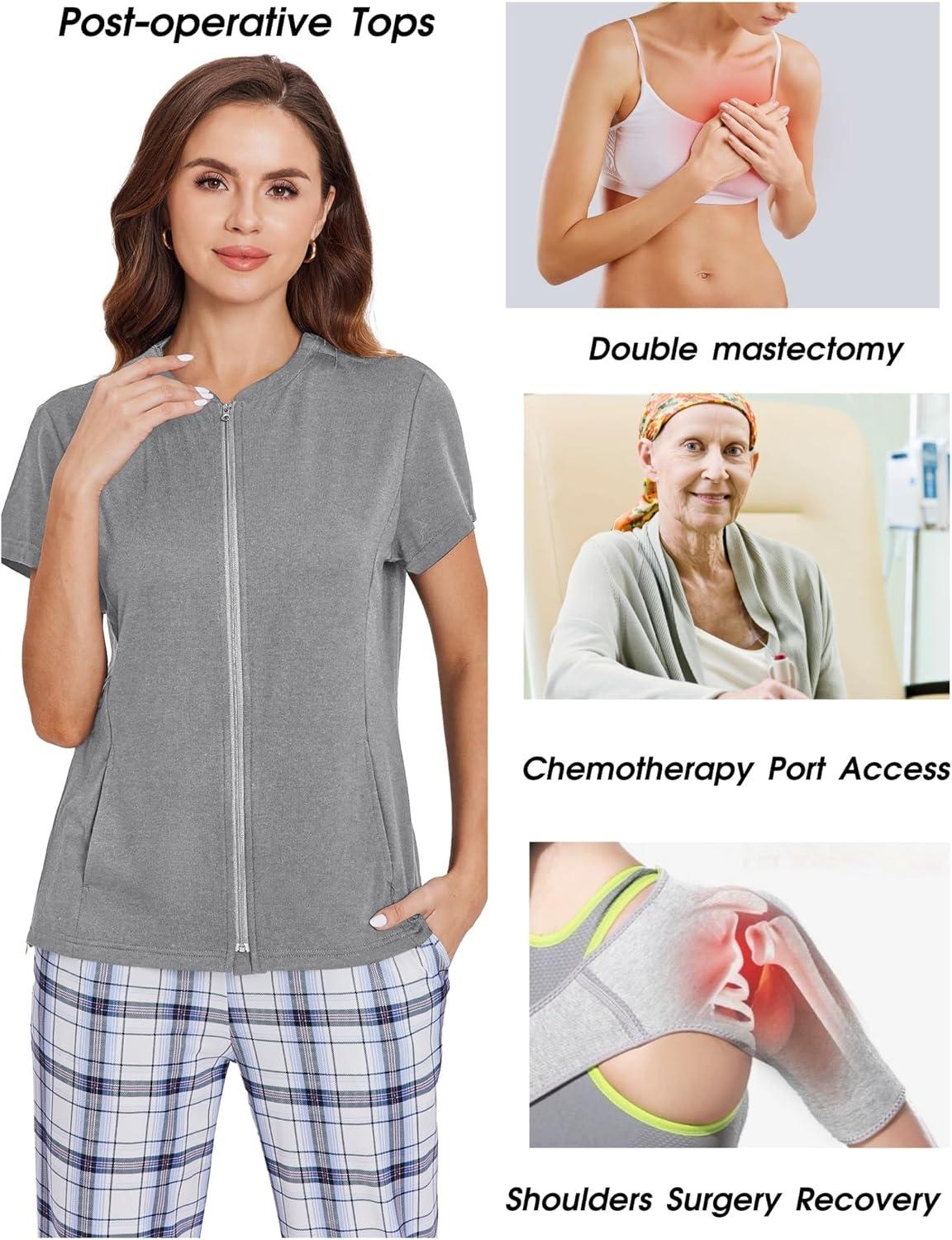 imageDeyeek Mastectomy Shirts with Drain Pockets Post Shoulder Surgery Tops for Women Chemo Port Short Sleeve with ZippersGrey