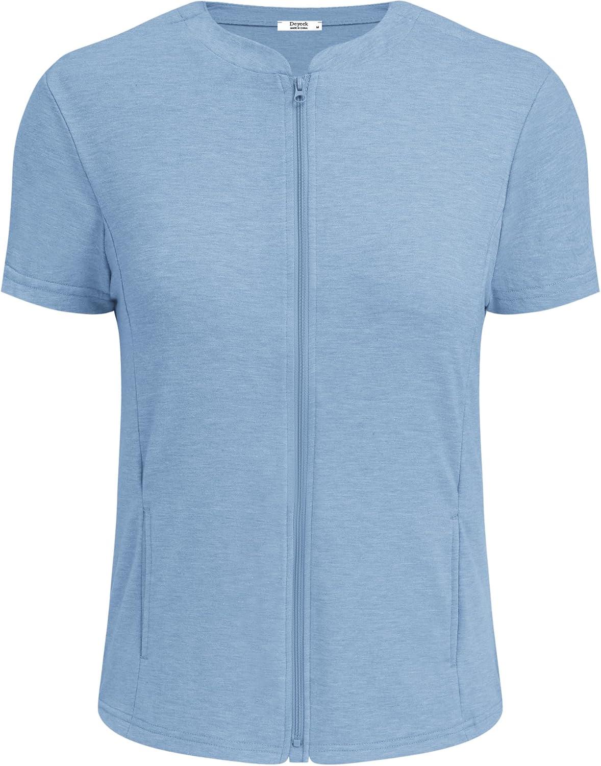 imageDeyeek Mastectomy Shirts with Drain Pockets Post Shoulder Surgery Tops for Women Chemo Port Short Sleeve with ZippersLight Blue