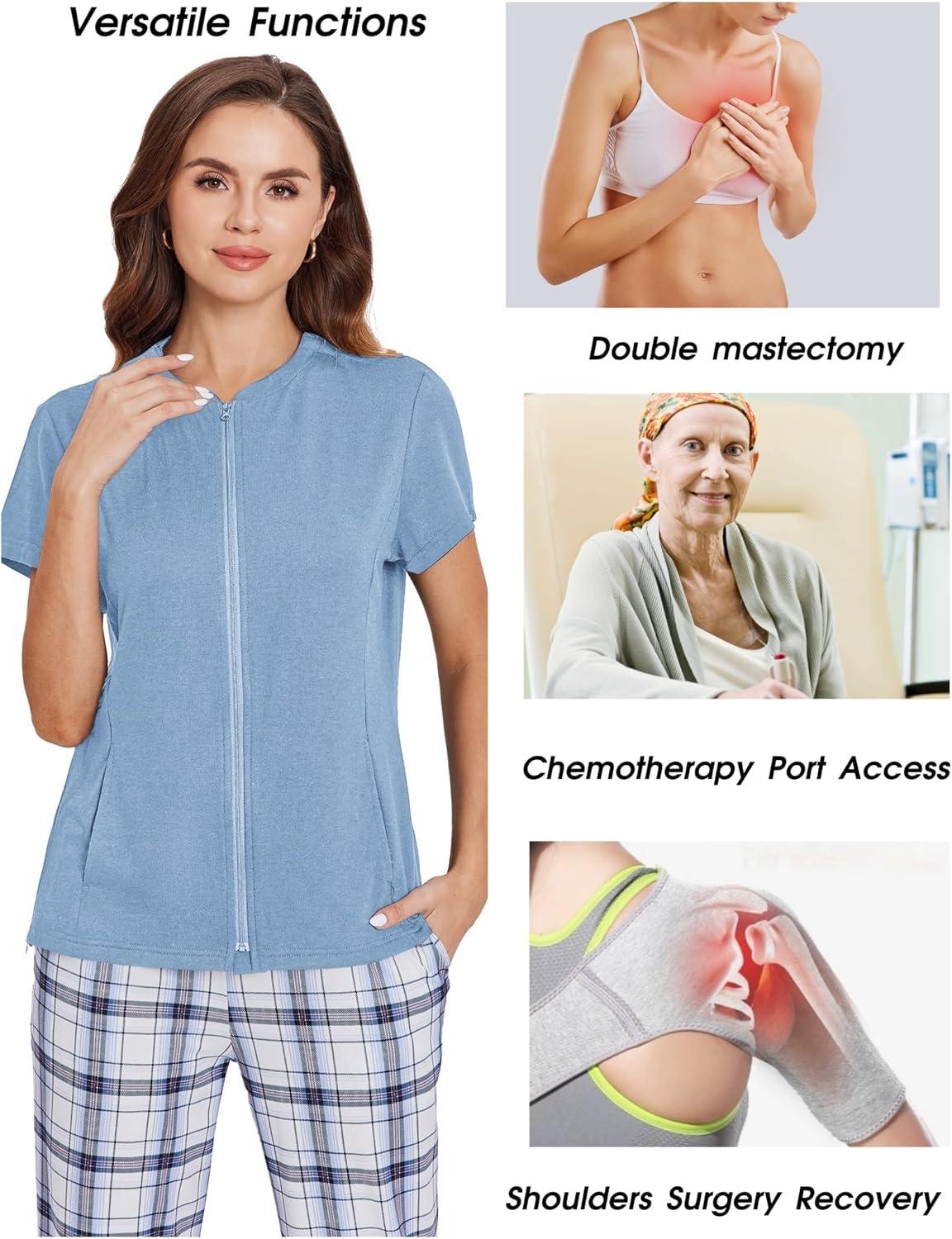 imageDeyeek Mastectomy Shirts with Drain Pockets Post Shoulder Surgery Tops for Women Chemo Port Short Sleeve with ZippersLight Blue