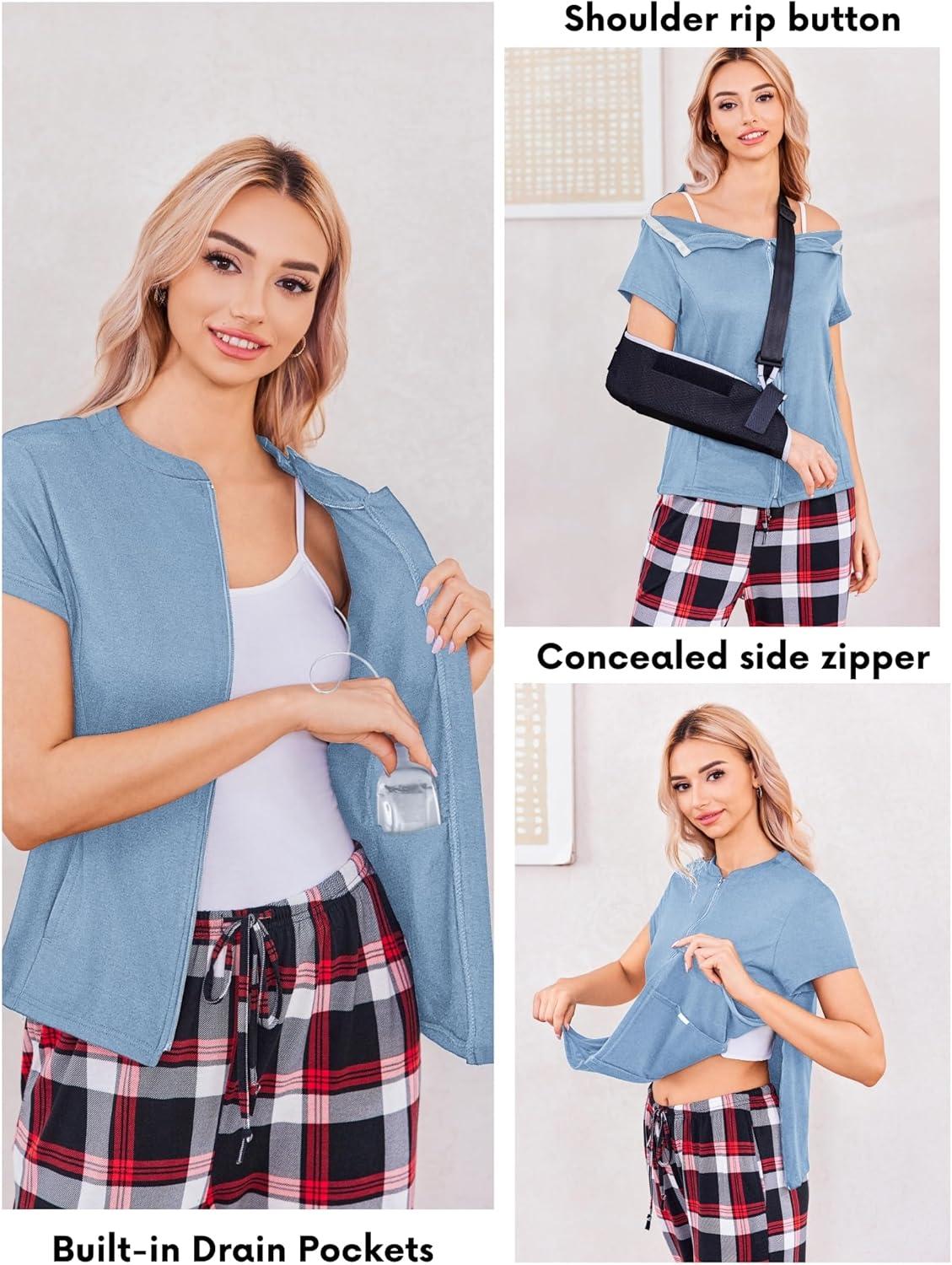 imageDeyeek Mastectomy Shirts with Drain Pockets Post Shoulder Surgery Tops for Women Chemo Port Short Sleeve with ZippersLight Blue