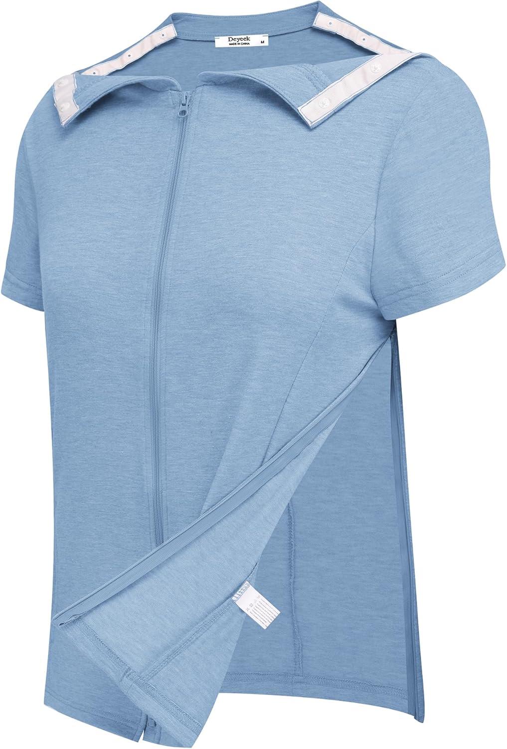 imageDeyeek Mastectomy Shirts with Drain Pockets Post Shoulder Surgery Tops for Women Chemo Port Short Sleeve with ZippersLight Blue