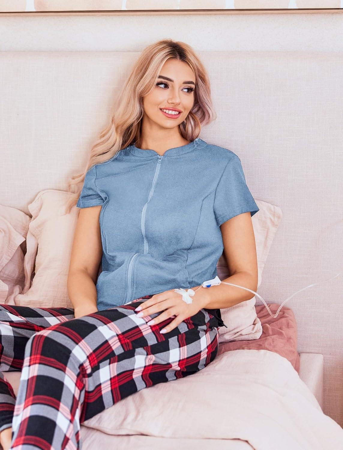 imageDeyeek Mastectomy Shirts with Drain Pockets Post Shoulder Surgery Tops for Women Chemo Port Short Sleeve with ZippersLight Blue