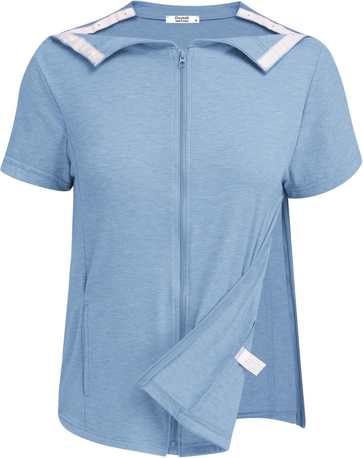 imageDeyeek Mastectomy Shirts with Drain Pockets Post Shoulder Surgery Tops for Women Chemo Port Short Sleeve with ZippersLight Blue