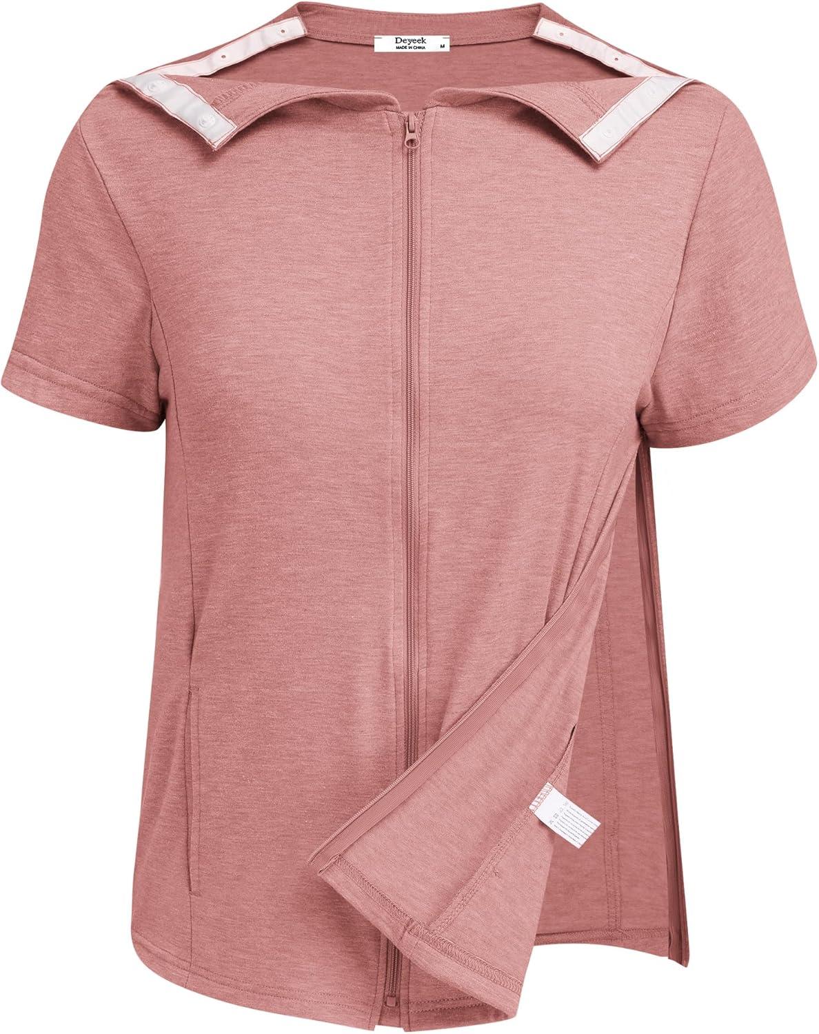imageDeyeek Mastectomy Shirts with Drain Pockets Post Shoulder Surgery Tops for Women Chemo Port Short Sleeve with ZippersLight Pink