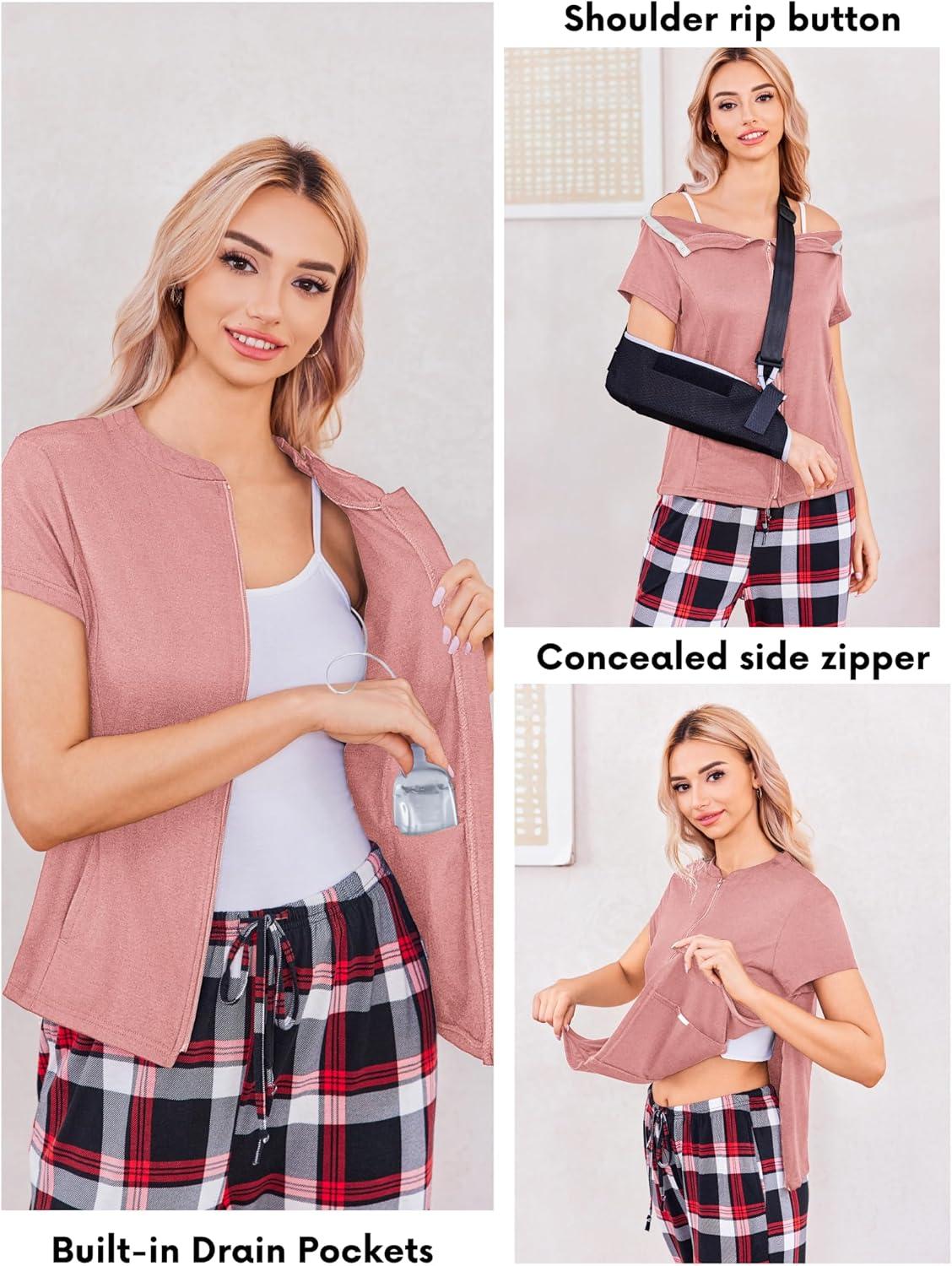 imageDeyeek Mastectomy Shirts with Drain Pockets Post Shoulder Surgery Tops for Women Chemo Port Short Sleeve with ZippersLight Pink