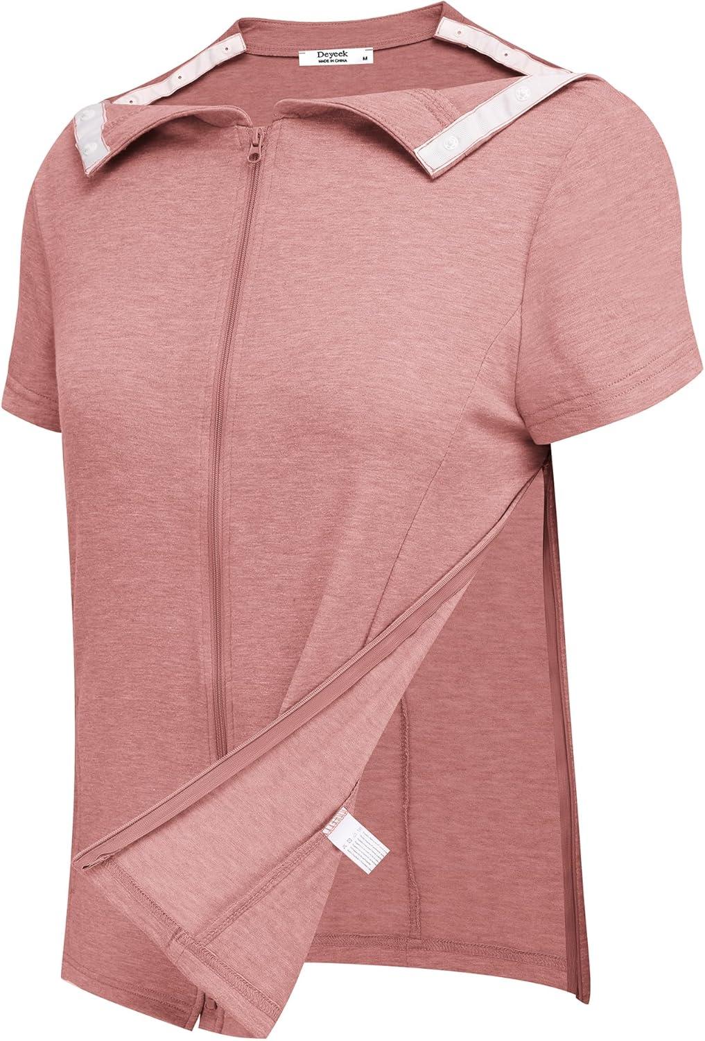 imageDeyeek Mastectomy Shirts with Drain Pockets Post Shoulder Surgery Tops for Women Chemo Port Short Sleeve with ZippersLight Pink