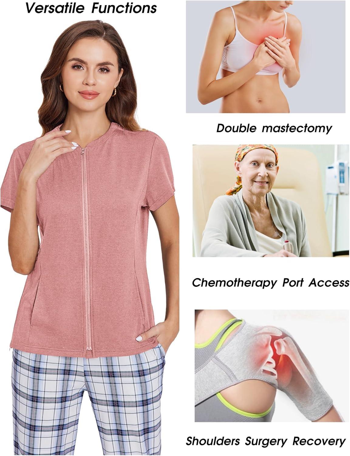 imageDeyeek Mastectomy Shirts with Drain Pockets Post Shoulder Surgery Tops for Women Chemo Port Short Sleeve with ZippersLight Pink