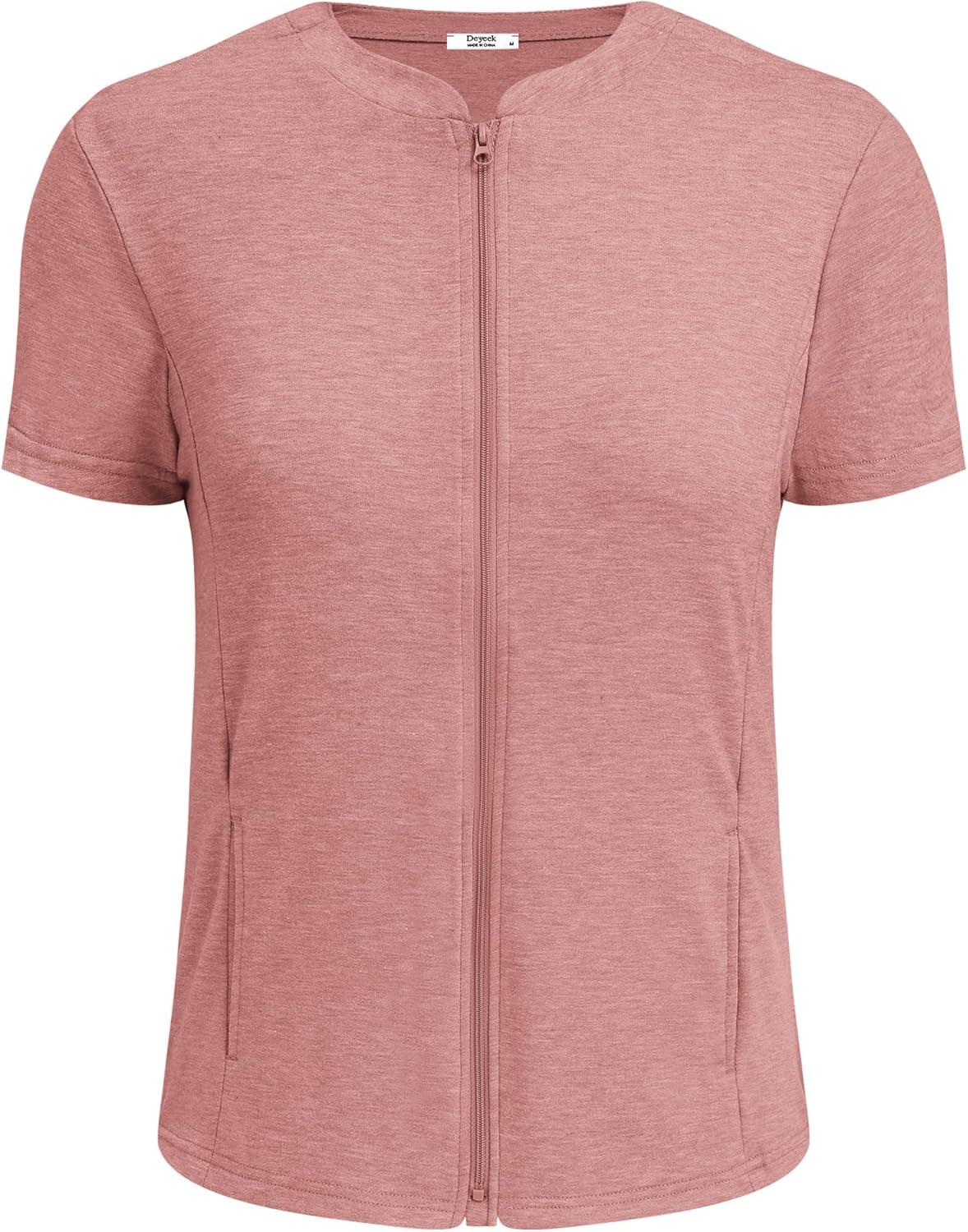 imageDeyeek Mastectomy Shirts with Drain Pockets Post Shoulder Surgery Tops for Women Chemo Port Short Sleeve with ZippersLight Pink